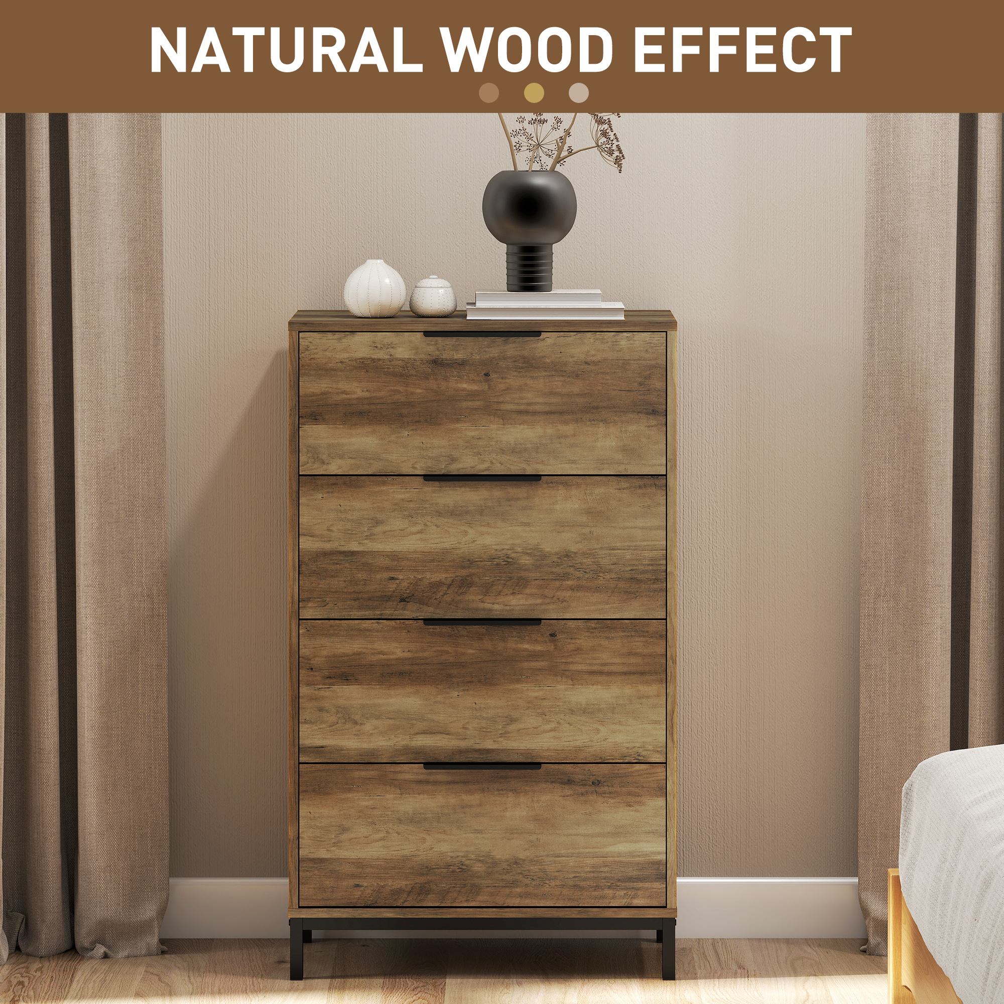  Comoda cu 4 sertare, sistem anti-rasturnare, manere negre, din lemn si metal, 62x35x105 cm, maro deschis [3]