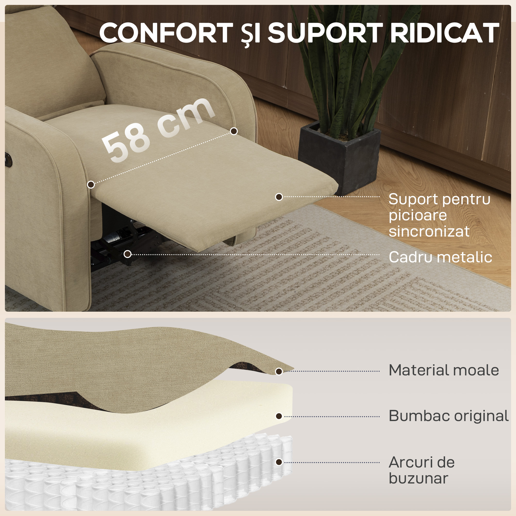  Fotoliu Reclinabil Electric din Catife cu Suport pentru Picioare, Tetiera Reglabila si Porturi, 80x93x103 cm, Bej [4]