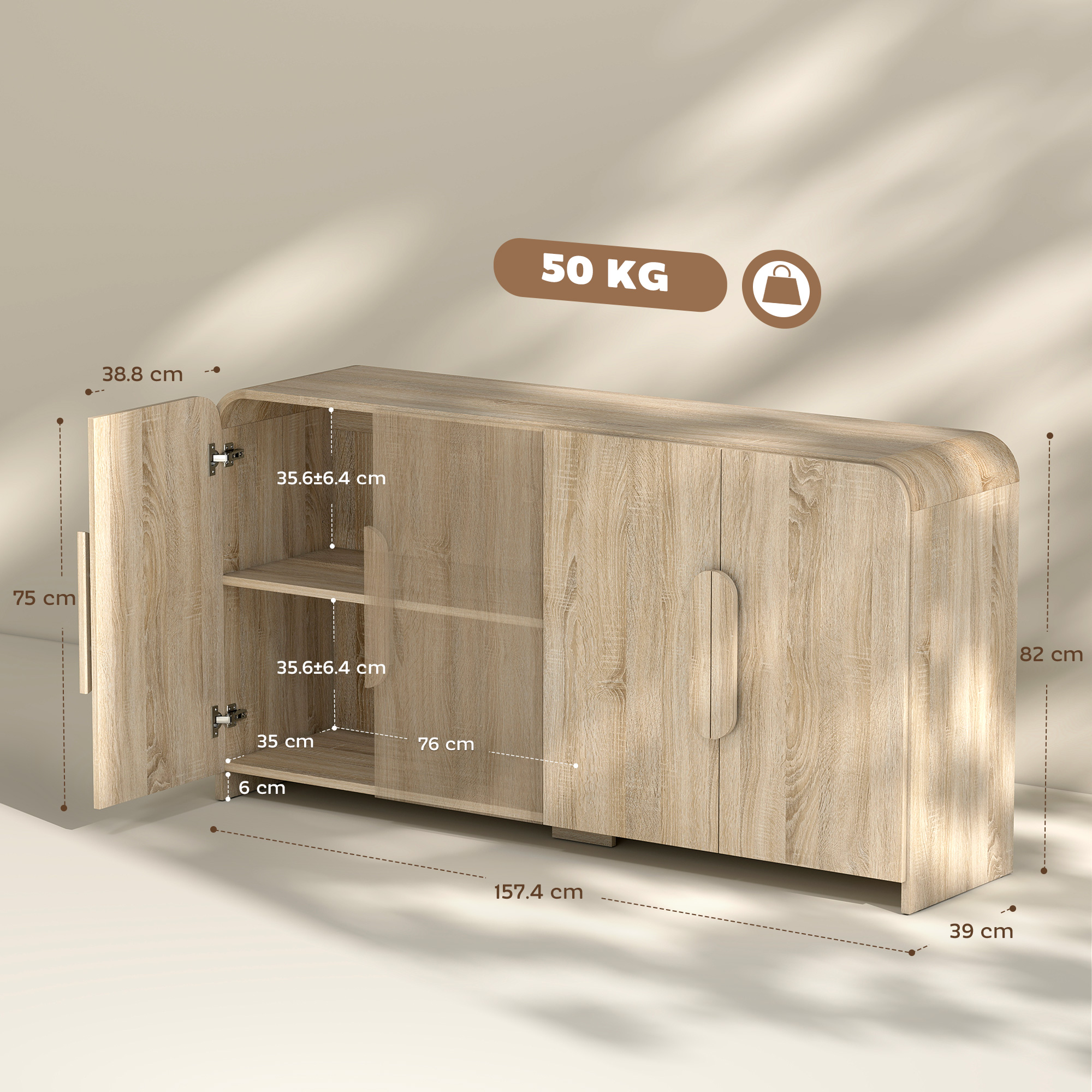  Comoda de Bucatarie cu 2 Dulapuri, Usi Soft-Close si Rafturi Reglabile, 157x39x82 cm, Lemn Natural [2]