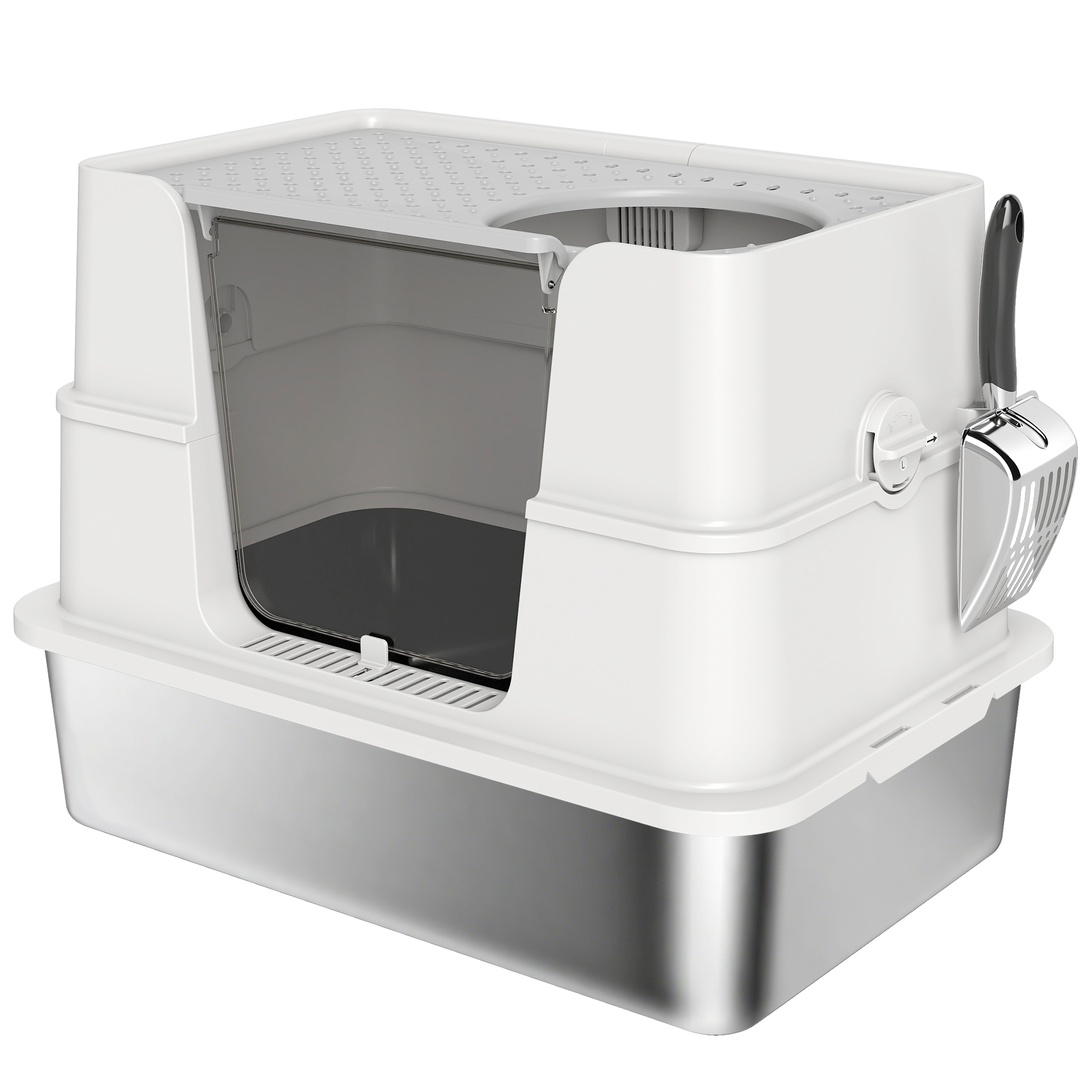 PawHut XL Katzenklo aus Edelstahl - Katzentoilette für große Katzen, Klappdeckel, hohe Seiten, oberer Einstieg, Schaufel, geruchsneutral, leicht zu reinigen, auslaufsicher, Hellgrau Aosom
