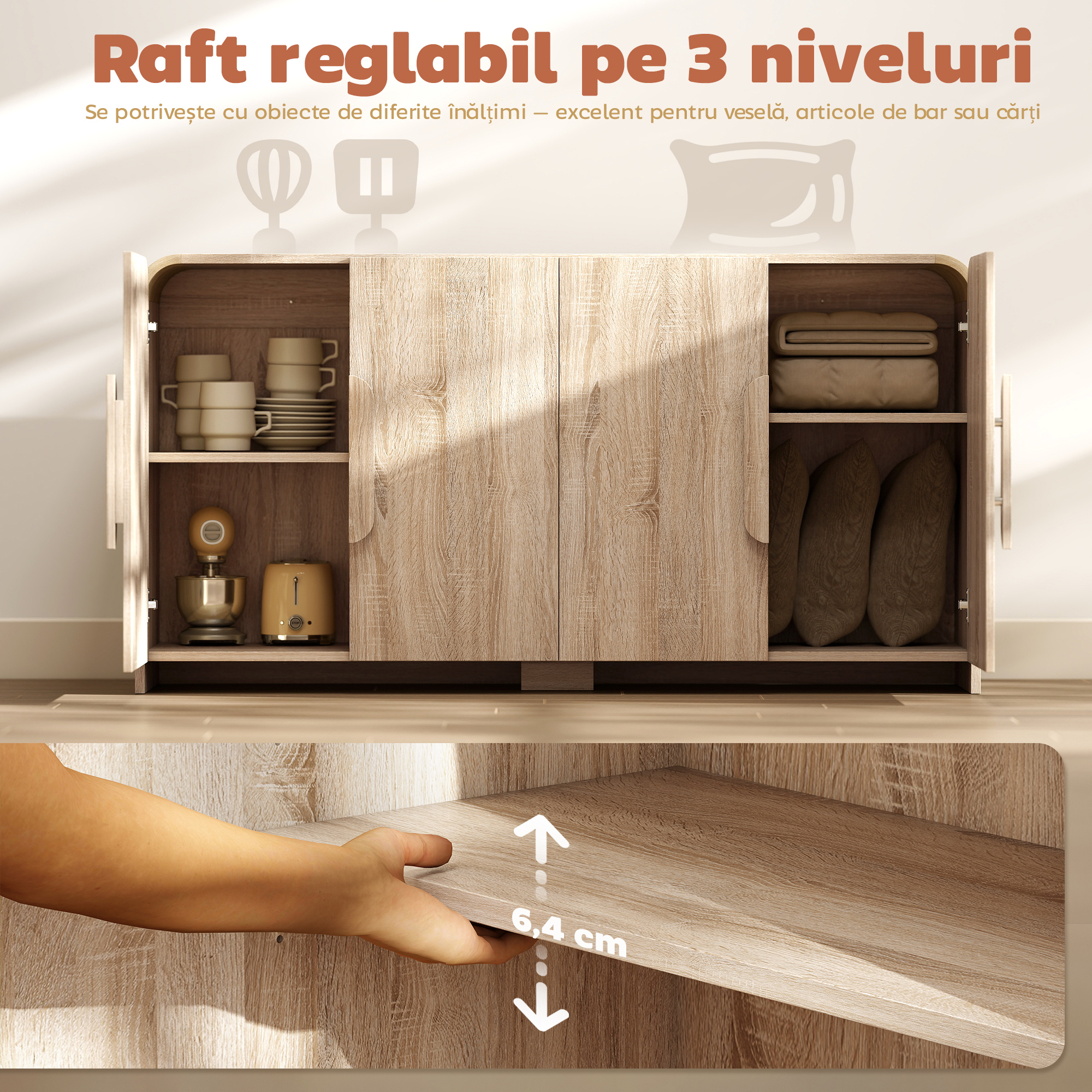  Comoda de Bucatarie cu 2 Dulapuri, Usi Soft-Close si Rafturi Reglabile, 157x39x82 cm, Lemn Natural [4]