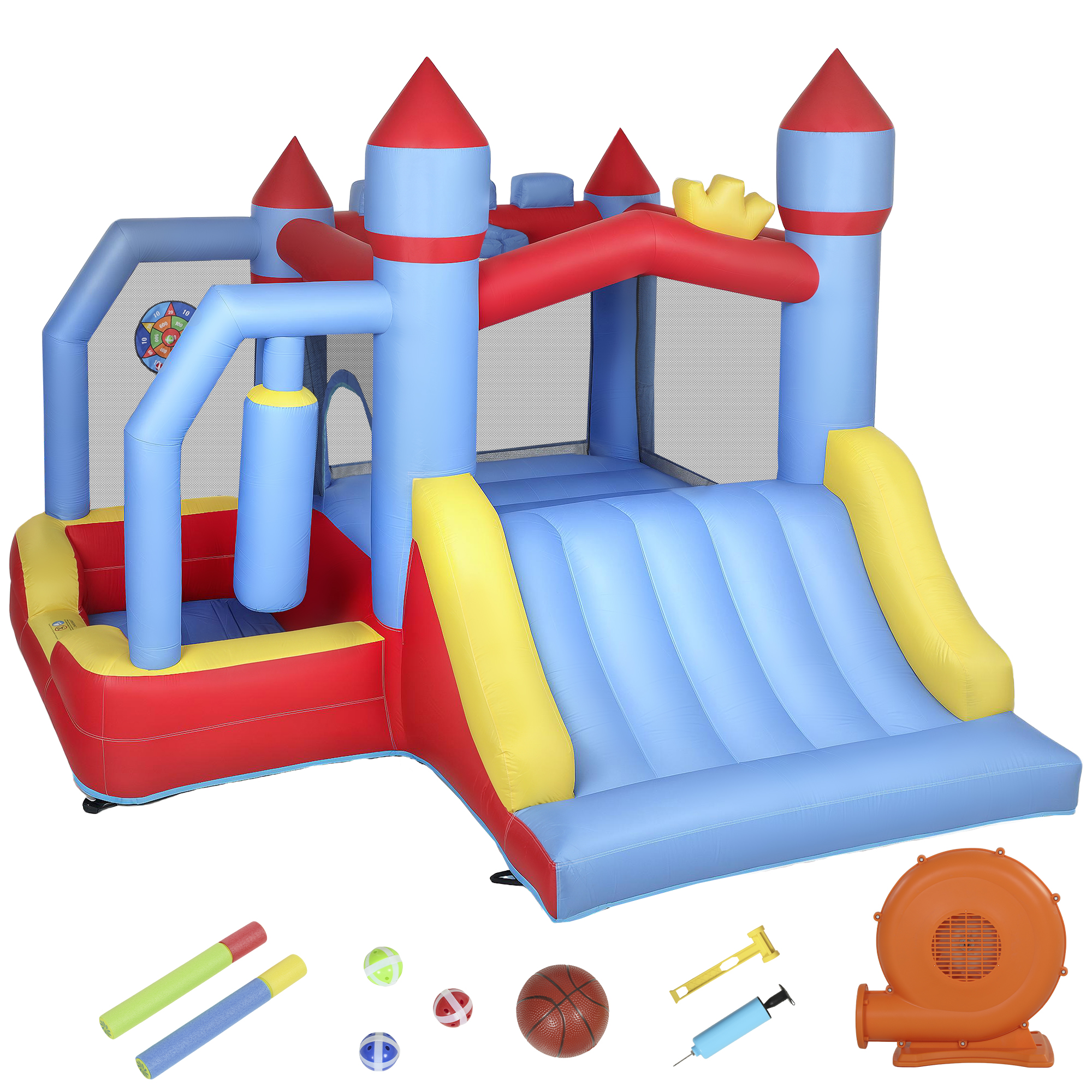 AIYAPLAY Castillo Hinchable para Niños con Soplador Tobogán Trampolín Piscina Pilar de Boxeo y Aro de Baloncesto 277x270x215 cm