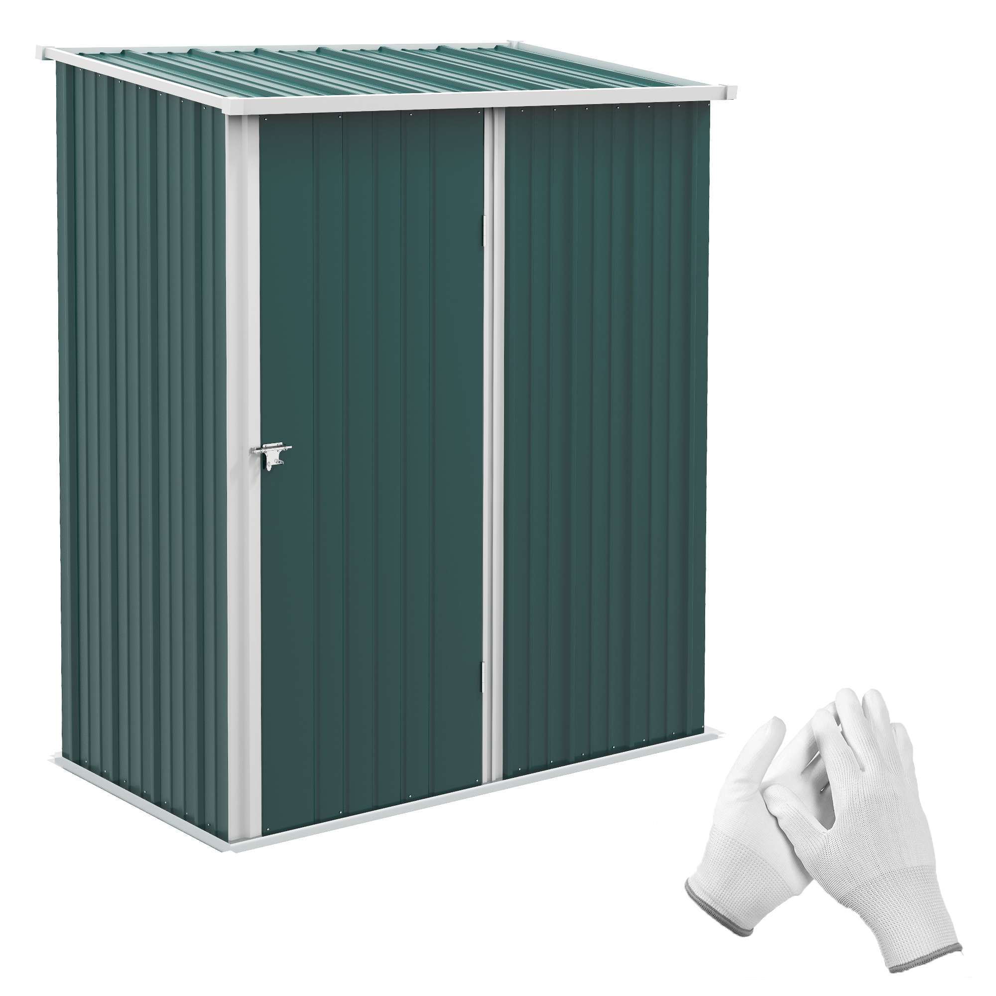 Outsunny Gartenhaus 1.34m² aus verzinktem Stahl, Schuppen mit schrägem Dach, Handschuhe und abschließbare Tür, Geräteschuppen, 161.5x94.5x196cm, Grün Aosom