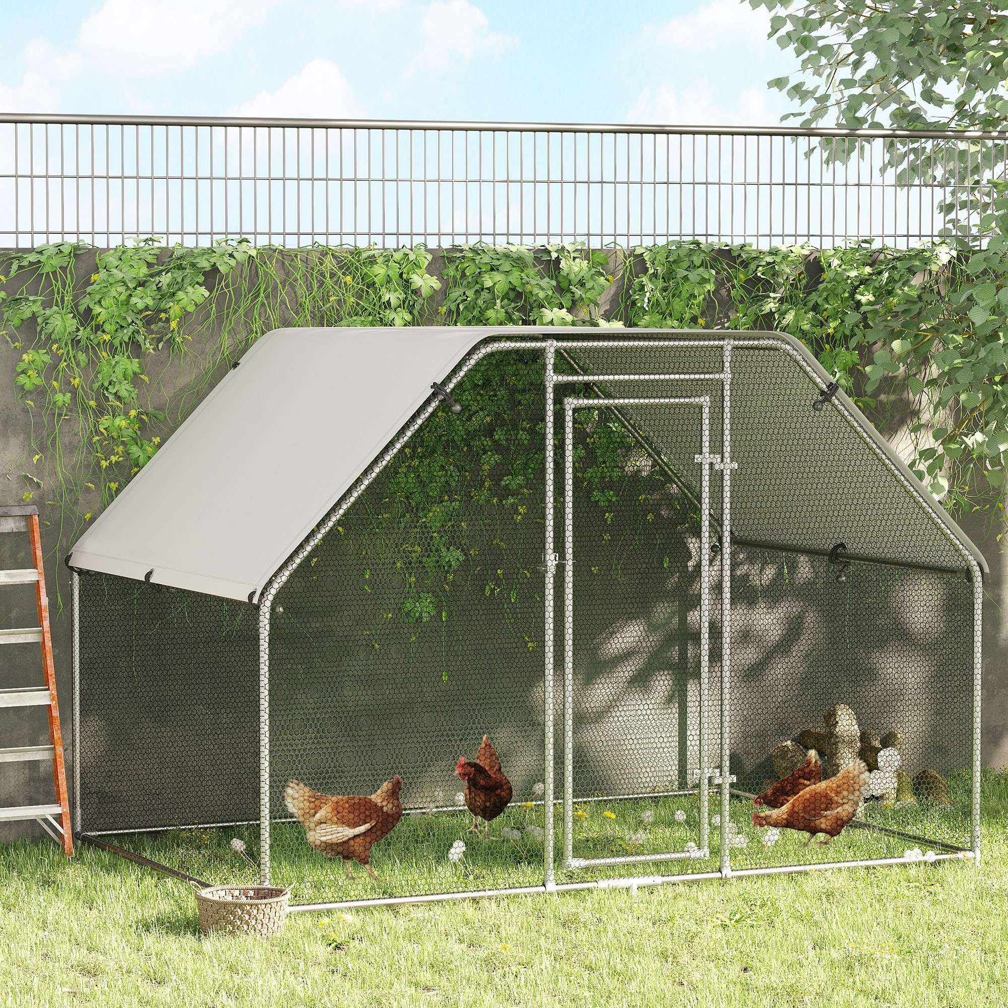 PawHut Enclos Poulailler Grand 5,1 M² - Volière Pour 5-8 Poules Avec Couverture Imperméable Anti-UV, Acier Galvanisé
