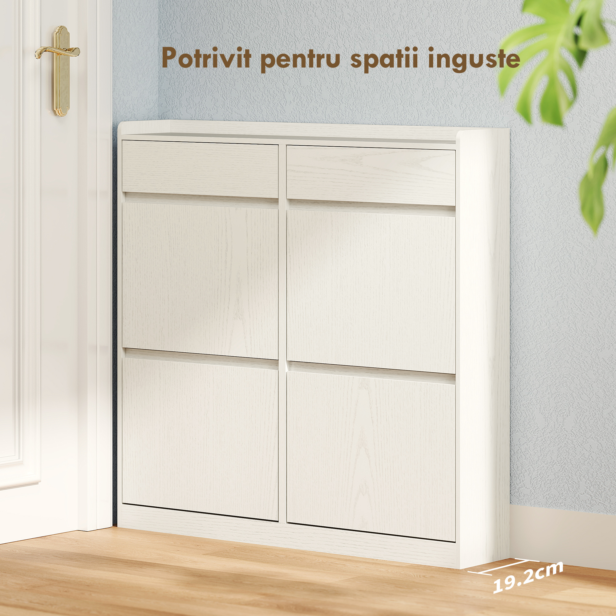  Dulap de Pantofi Slim din Lemn cu 4 Sertare Rabatabile si 2 Sertare Glisante, 98x19,2x95,3 cm, Alb [3]