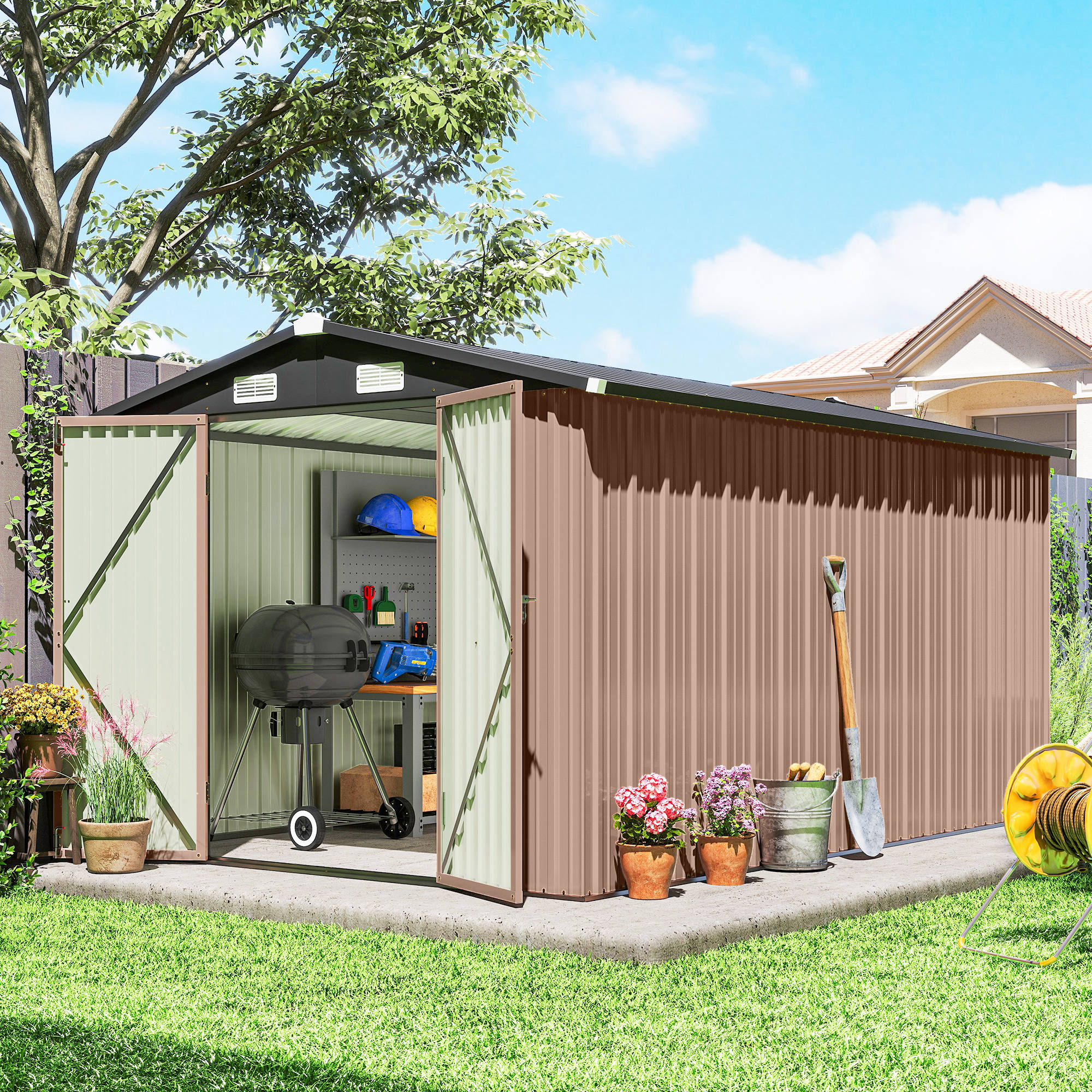  Magazie de Gradina din Metal 364 x 238 cm cu 4 Grile de Ventilatie si Usi Duble cu incuietoare, Maro [1]