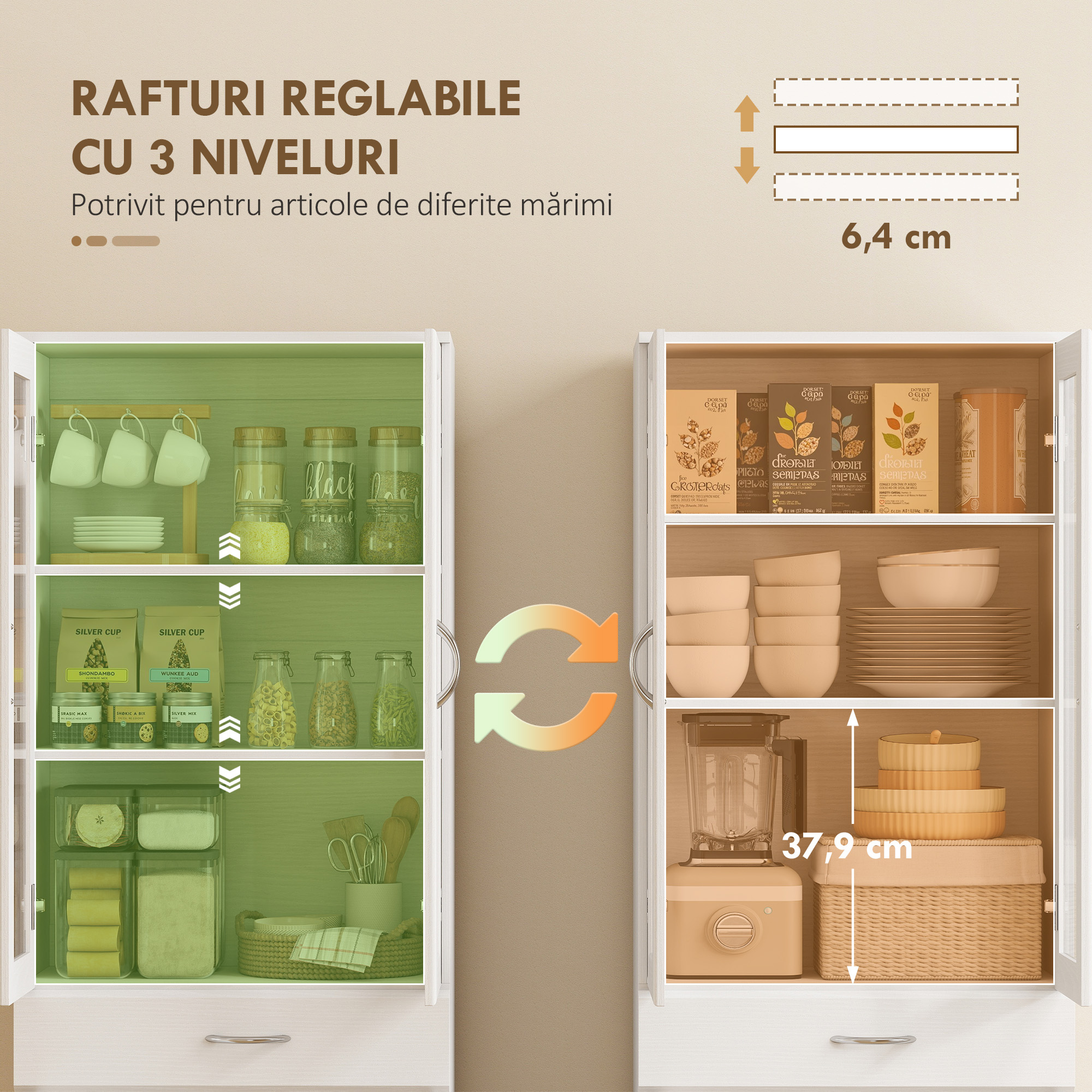  Bufet de Bucatarie cu 2 Dulapuri si un Sertar, Rafturi Reglabile si Usi din Sticla, 60x35x180 cm, Alb [4]