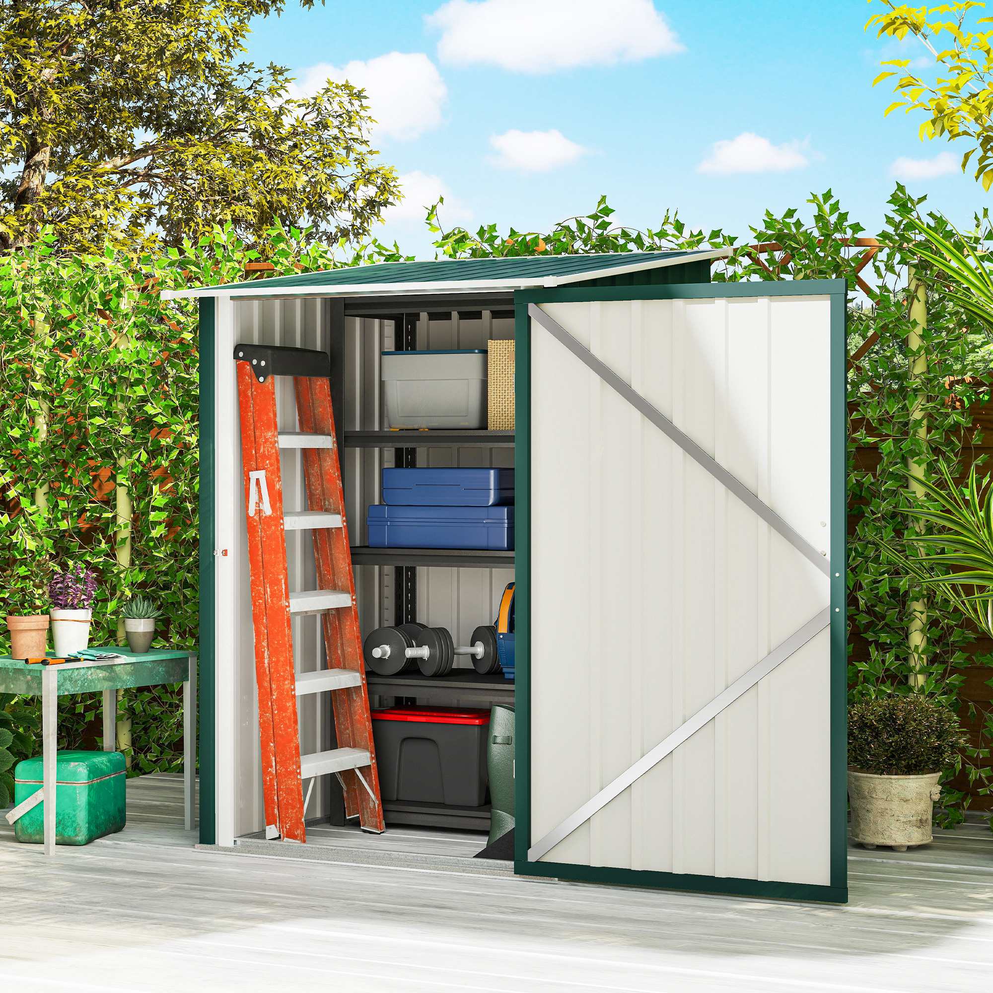  Magazie de Gradina 0,92m² din Otel Galvanizat, Depozit Unelte cu Usa Blocabila, Acoperis inclinat, 100x104x160 cm, Verde [1]