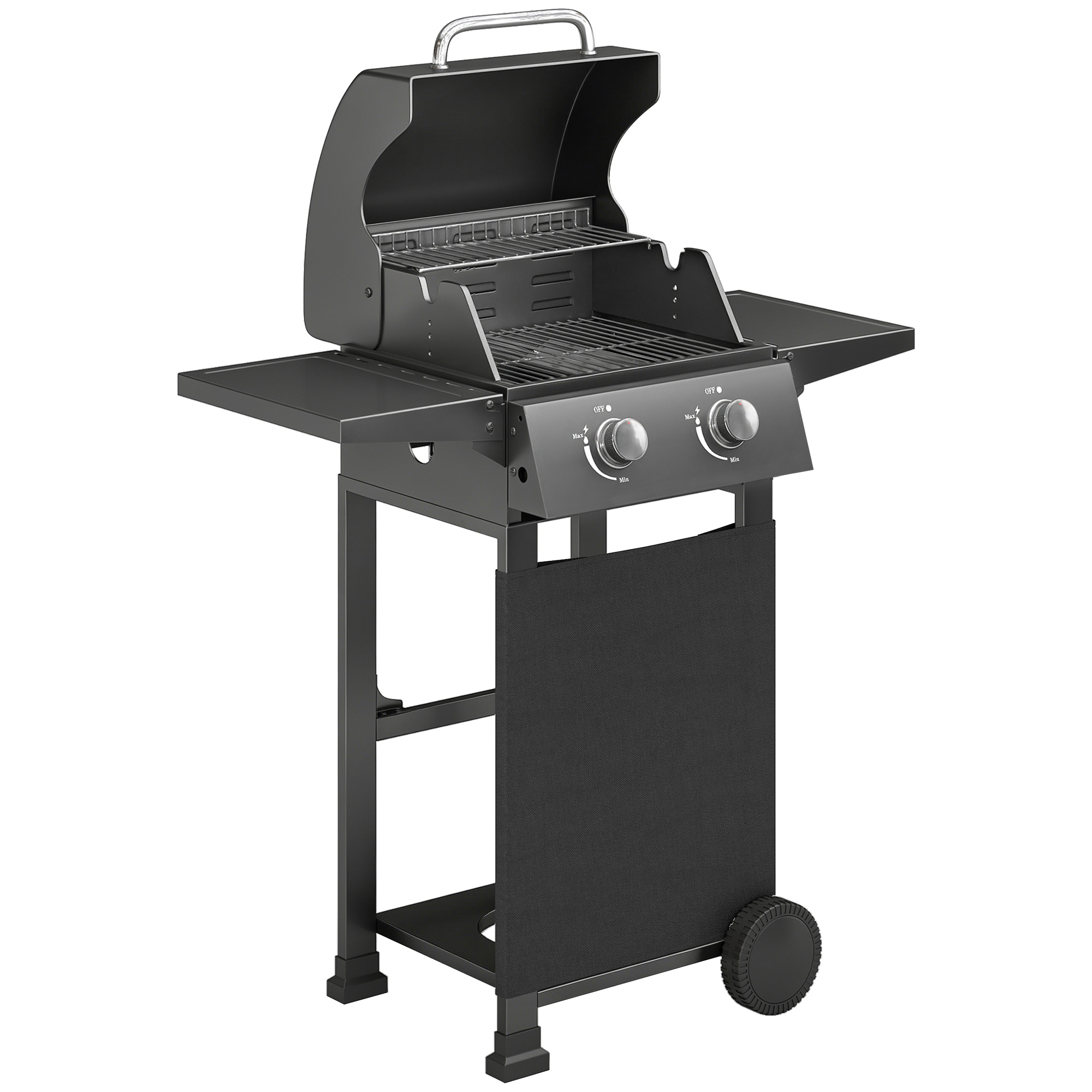 Outsunny Grill gazowy 5,4 kW, 2 palniki, stalowy wózek grillowy z termometrem, chromowany ruszt i półka do podgrzewania | Aosom PL