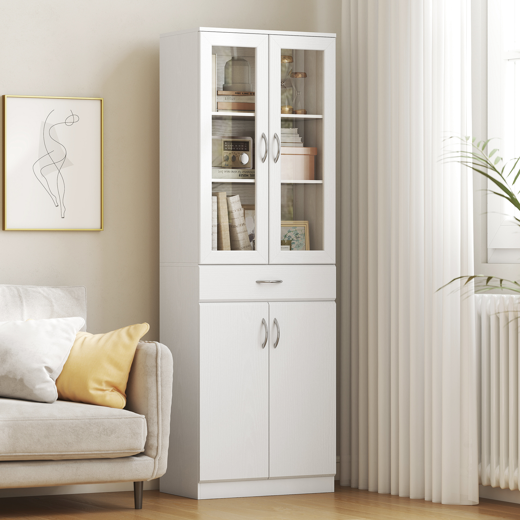  Bufet de Bucatarie cu 2 Dulapuri si un Sertar, Rafturi Reglabile si Usi din Sticla, 60x35x180 cm, Alb [8]