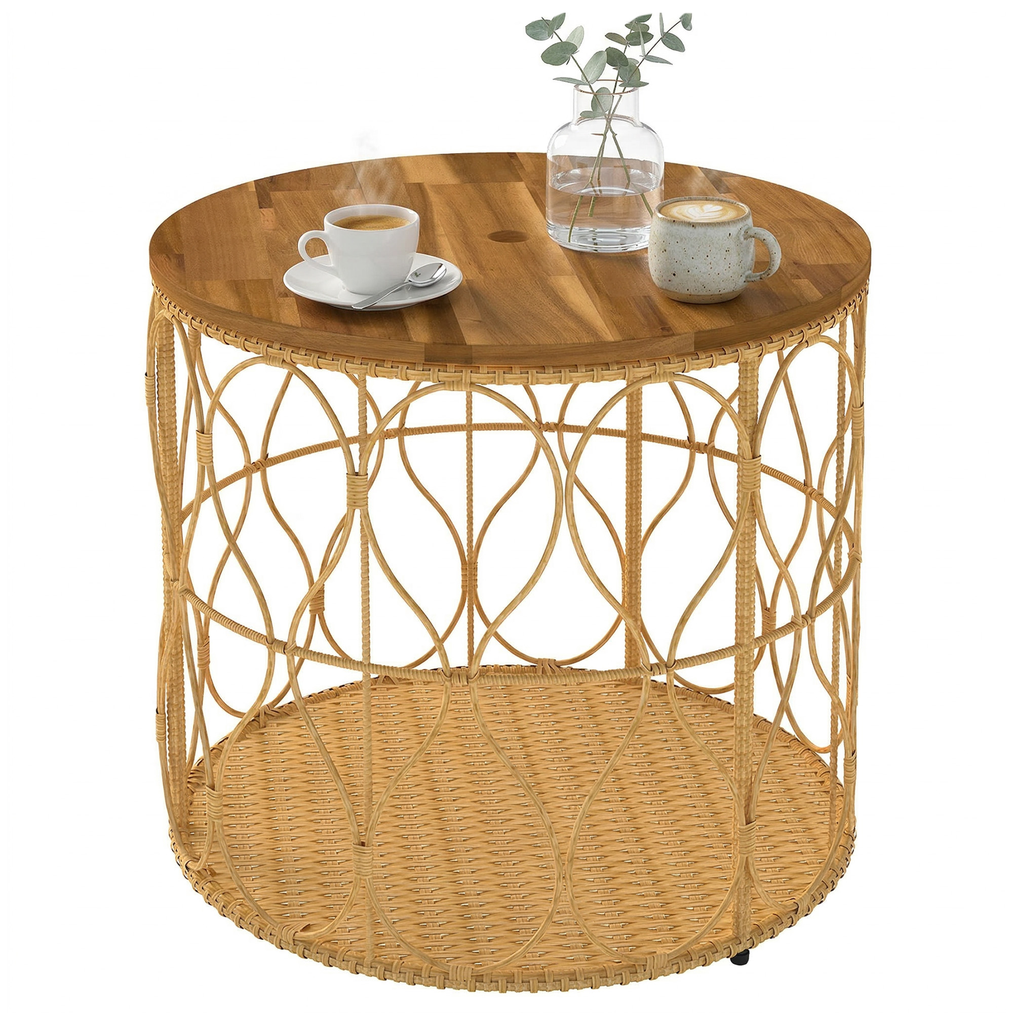 Outsunny Măsuță laterală Ø50 cm rezistentă la intemperii, masă de grădină cu aspect de rattan, blat din lemn de acacia, picioare reglabile Teak | Aosom Romania