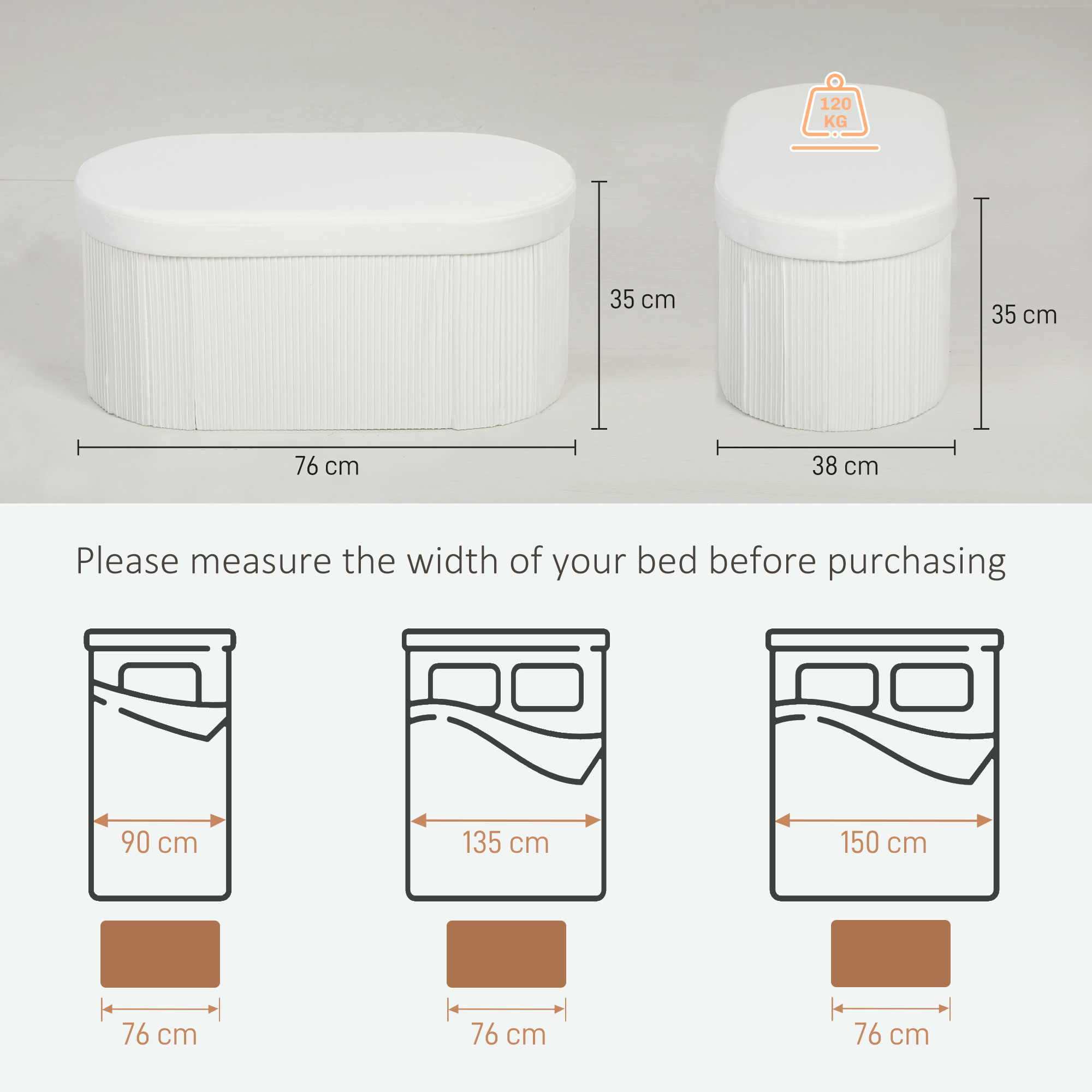 Taburet cu Spatiu de Depozitare Pliabil , Banca Moderna Tapitata cu Catifea, Suport pentru Picioare cu Compartiment de 72L pentru Sufragerie si Dormitor, 76x38x35 cm, Crem [2]