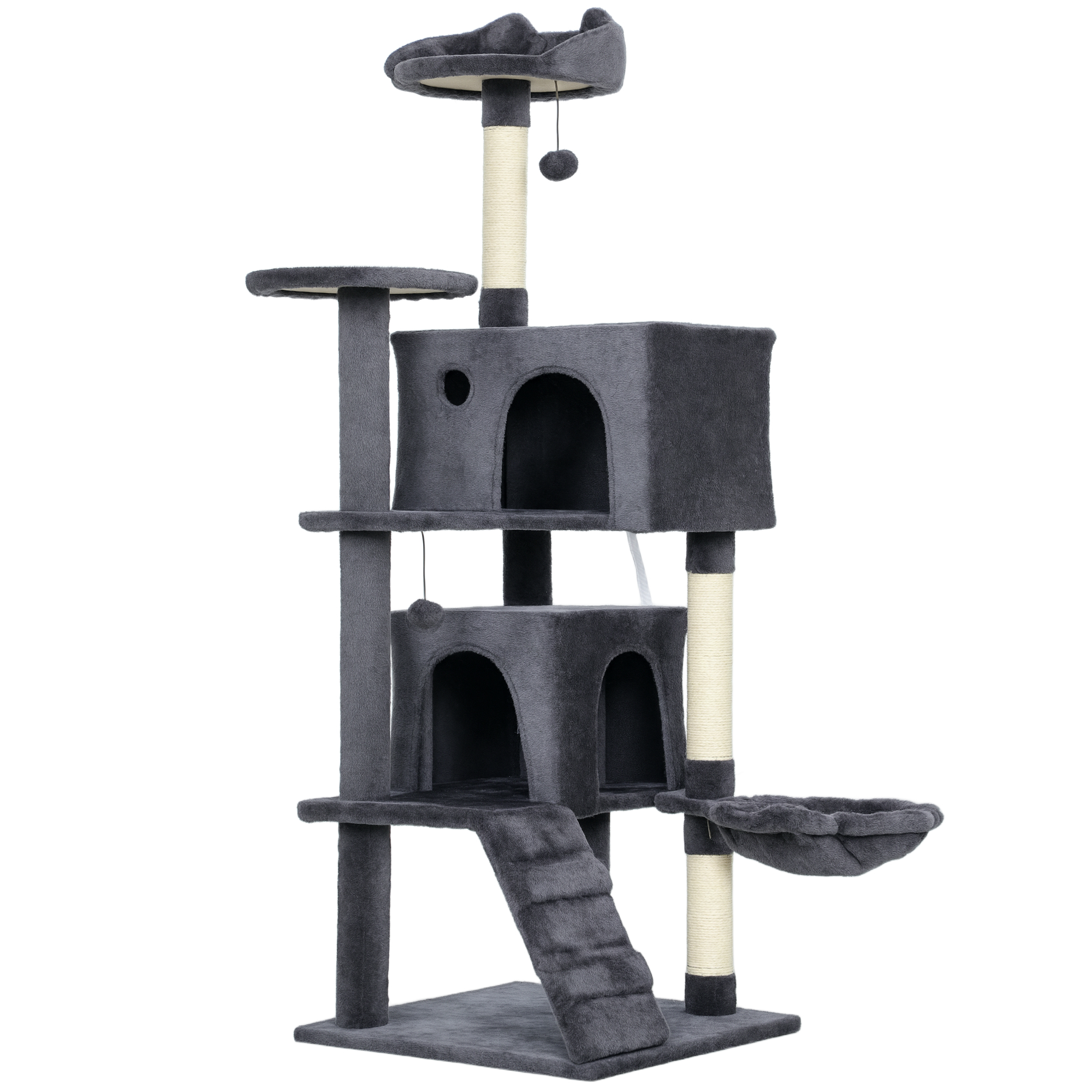 PawHut Albero per Gatti Alto 140 cm con 2 Casette, Lettino e Amaca per 2-3 Gatti, Rivestimento Peluche, Grigio   Aosom Italy