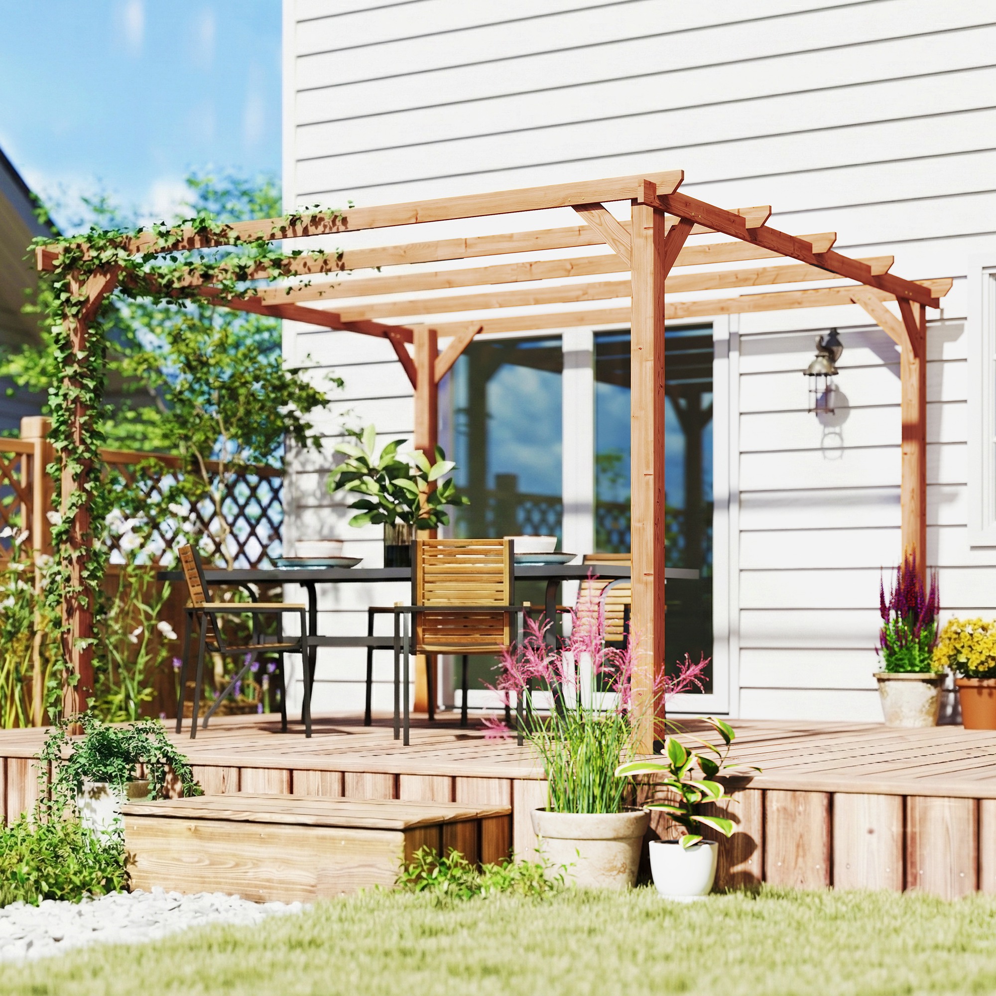  Pergola Gazebo 3x3 m din Lemn de Brad, Pergola pentru Gradina cu Suporturi Triunghiulare si 5 Grinzi pentru Plante Cataratoare, Pergola din Lemn pentru Exterior, Patio, Terasa, Aspect Lemn de Artar [7]