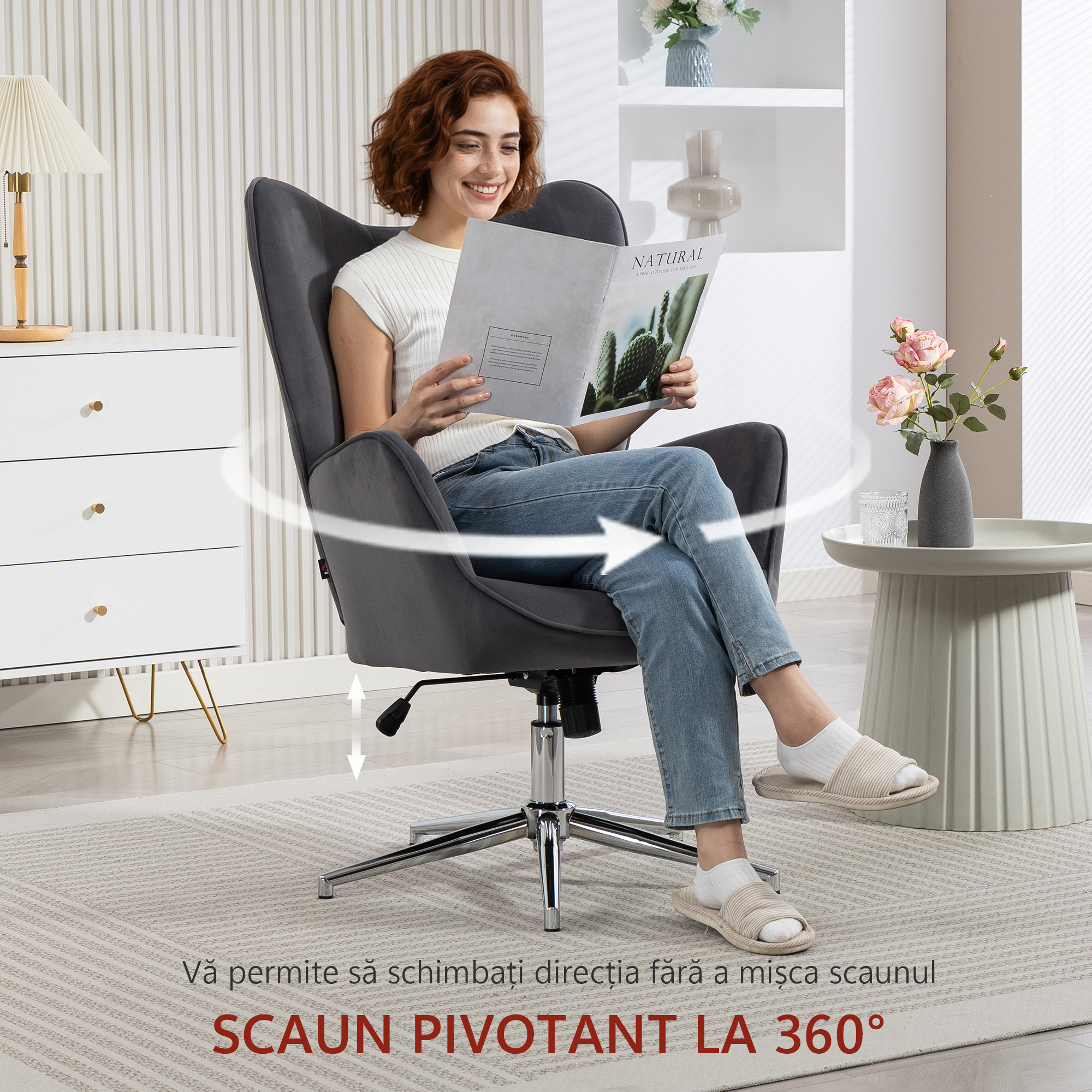  Fotoliu de Salon Rotativ cu Manere, din Catifea, cu Functie de Leganare si inaltime Reglabila, Gri inchis [6]