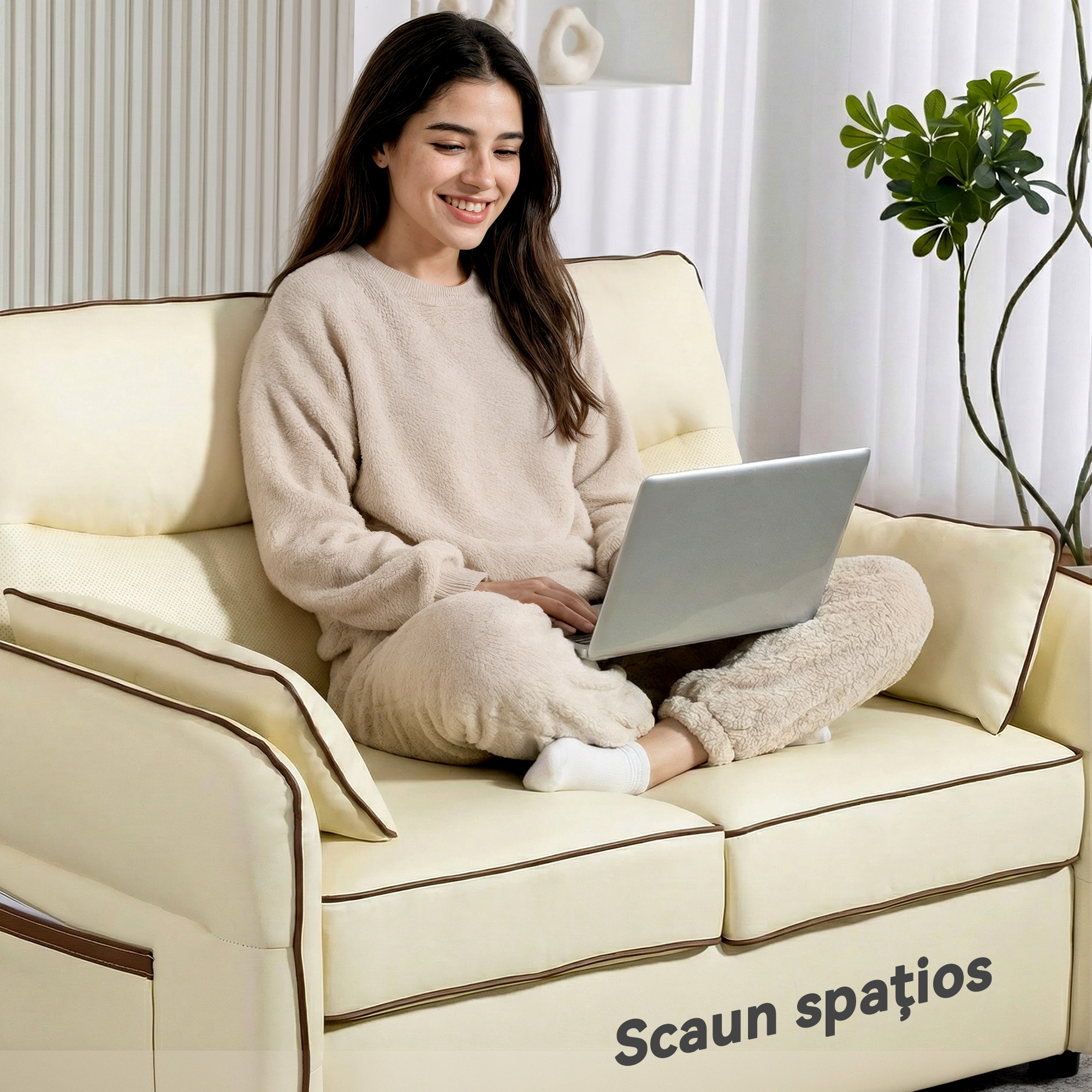  Divan cu 2 Locuri Imbottit din Piele Sintetica cu Bordura Contrastanta, Divan de Living cu Tapiterie Groasa, 2 Perne Detasabile si Lavabile, Brate si Buzunare Laterale, 136x81x90 cm, Bej [4]