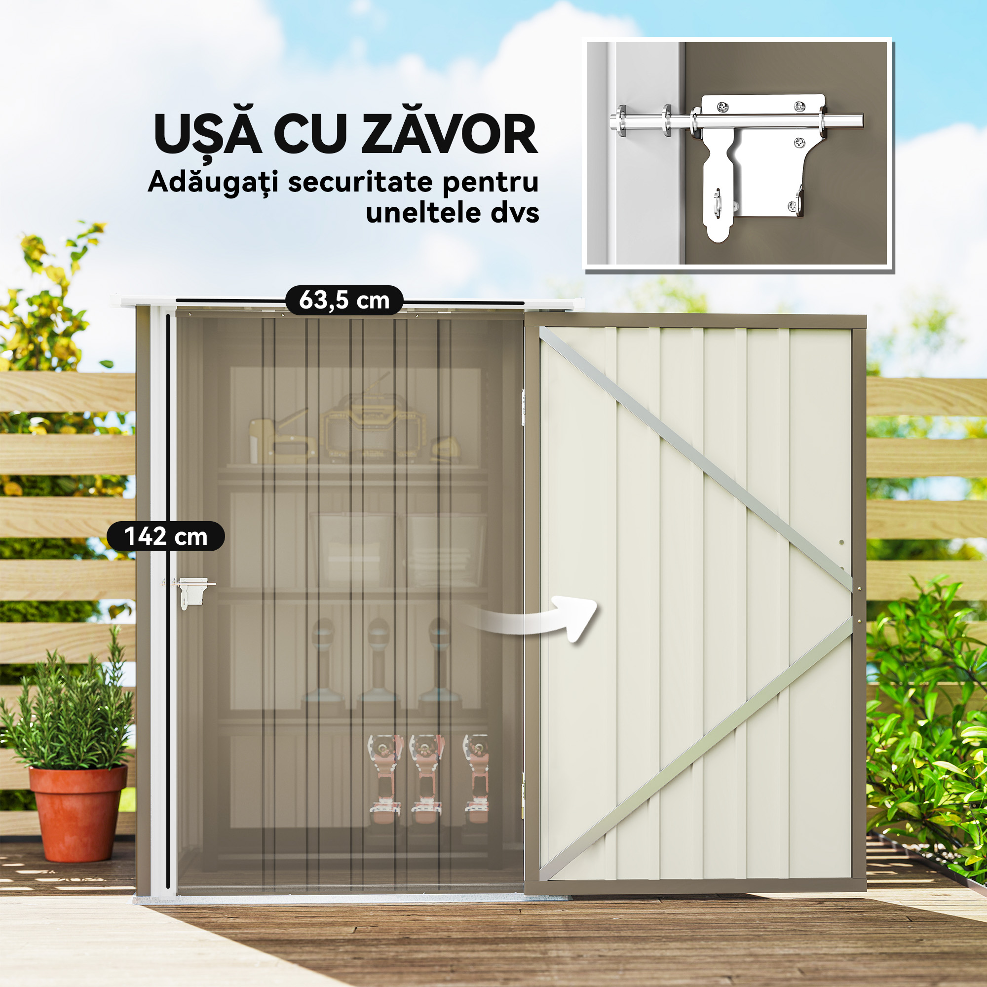  Casuta de Gradina pentru Depozitarea Uneltelor, din Otel Galvanizat, cu Usa, 100x104x160 cm, Maro si Alb [4]