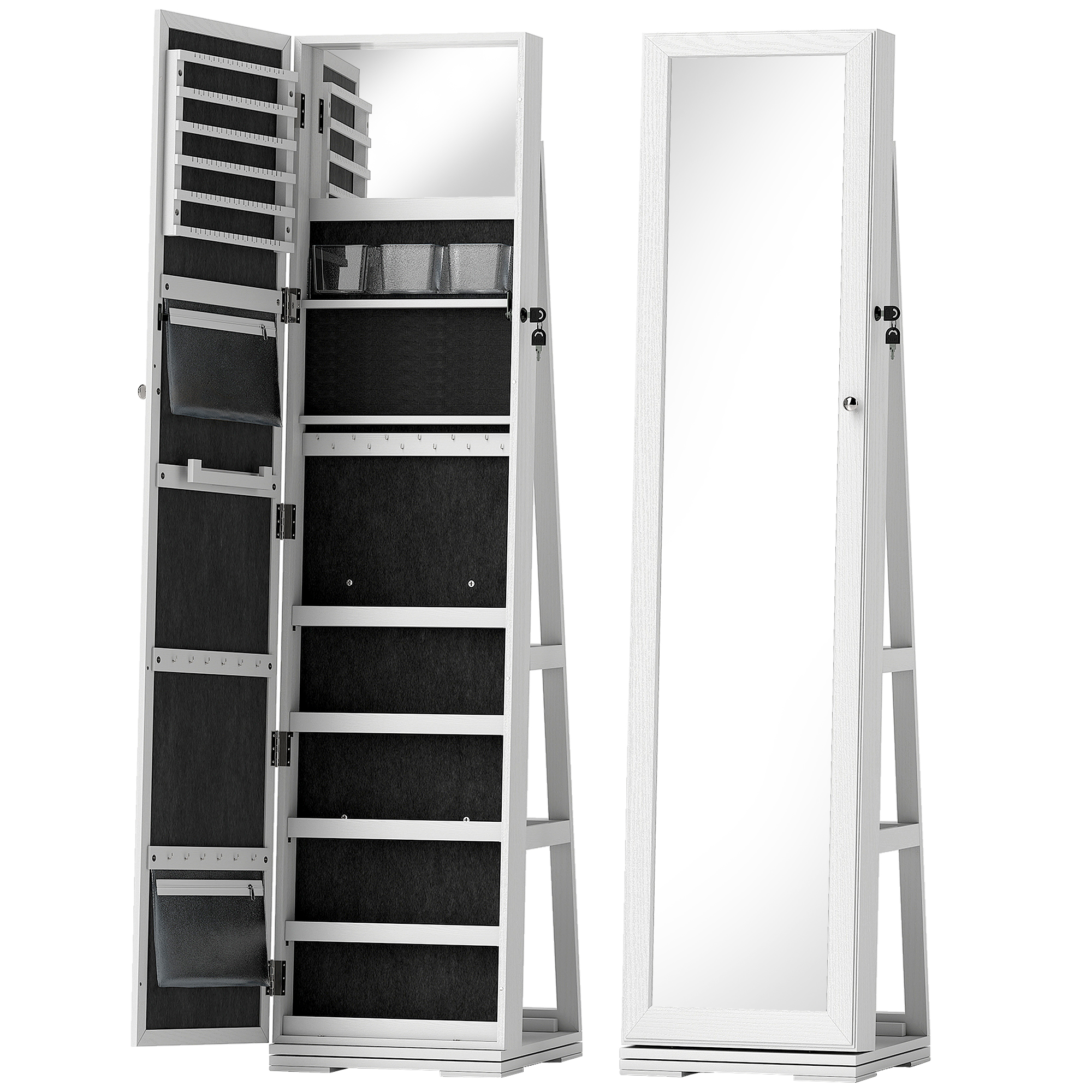HOMCOM Lockable Jewellery Cabinet with 360° Swivel Base, Full-Length Mirror & Built-In Smaller Mirror, White