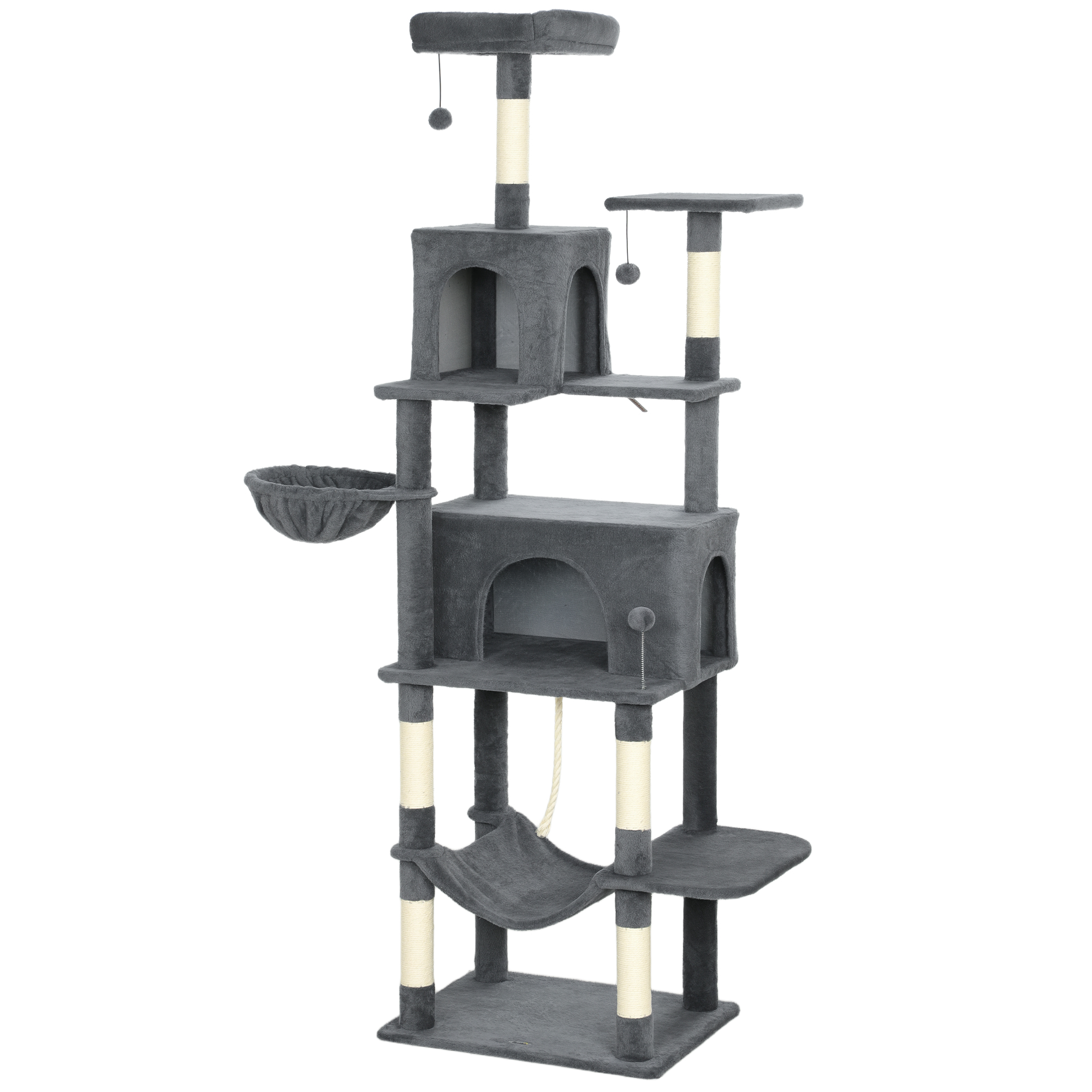 PawHut Albero Tiragraffi per Gatti Alto 202 cm con 6 Pali in Sisal, 2 Casette, 2 Amache e Lettino, Grigio   Aosom Italy
