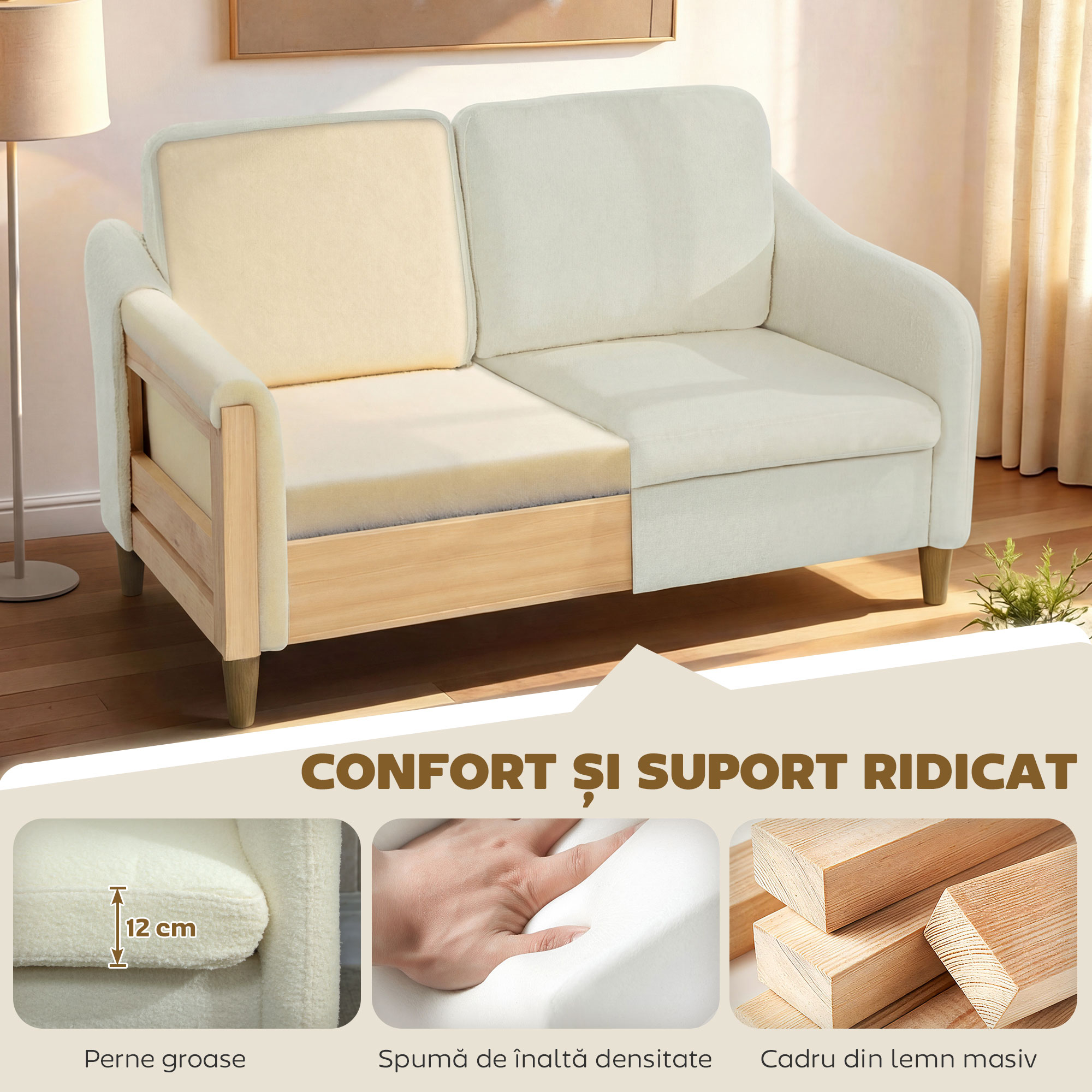  Canapea 2 locuri moderna cu perne groase si tapiterie sherpa, 137x69x82 cm, crem [3]