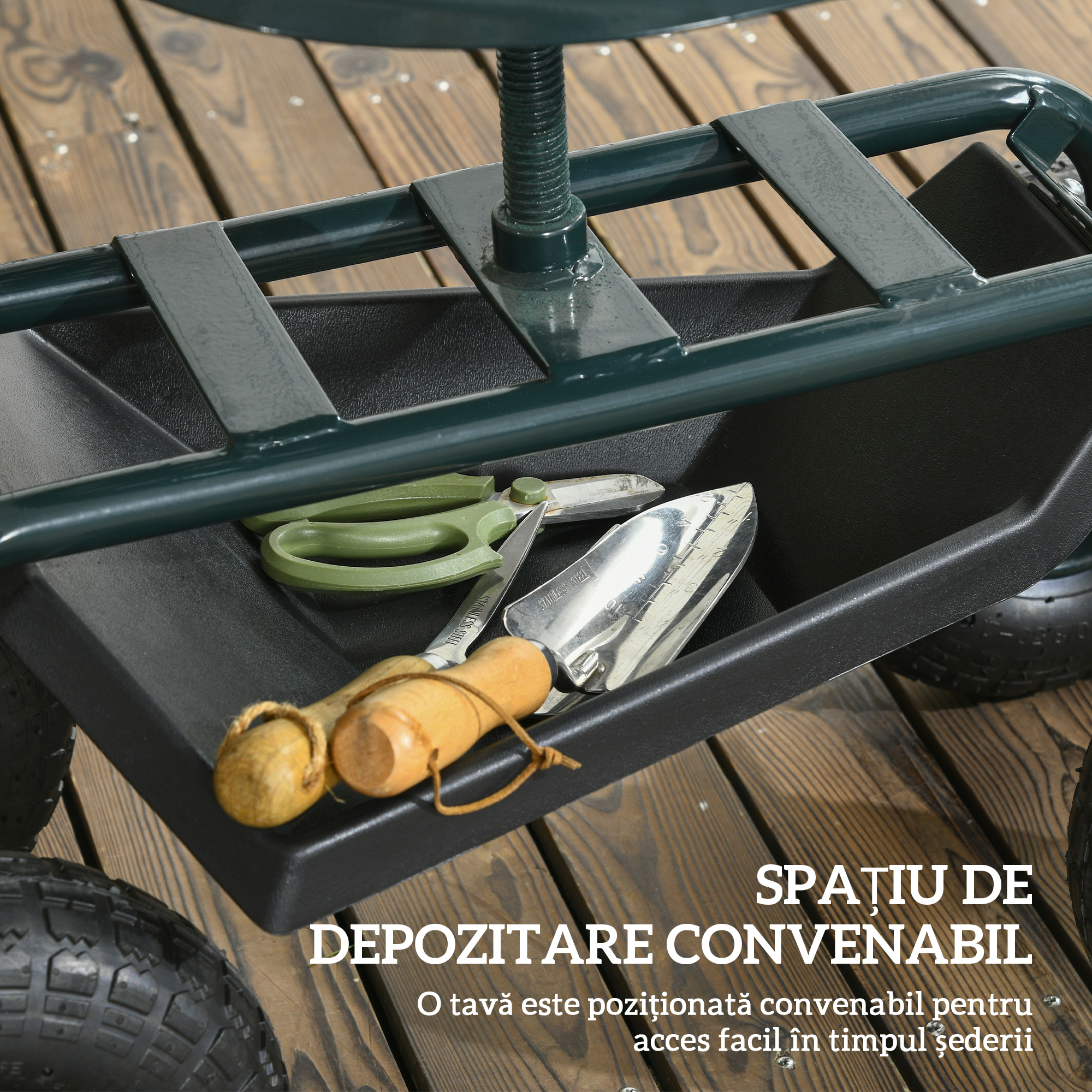  Carucior de gradina cu scaun reglabil si tava inferioara, din otel si PP, 83x36.5x45-60 cm, verde inchis [5]