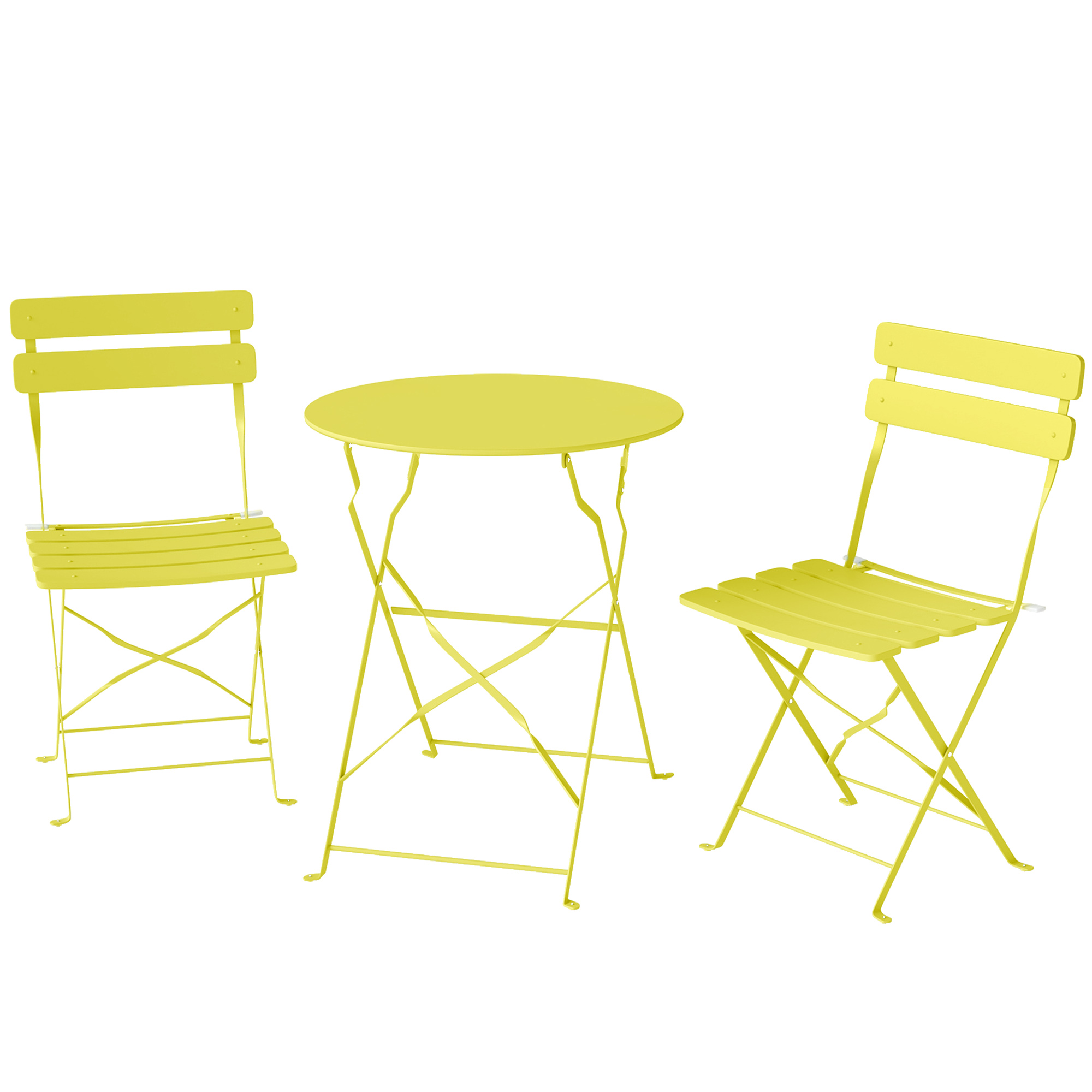 Outsunny Set bistró de jardín de 3 piezas plegable Mesa bistró con 2 sillas Asiento de lamas Patas dobles en X Amarillo
