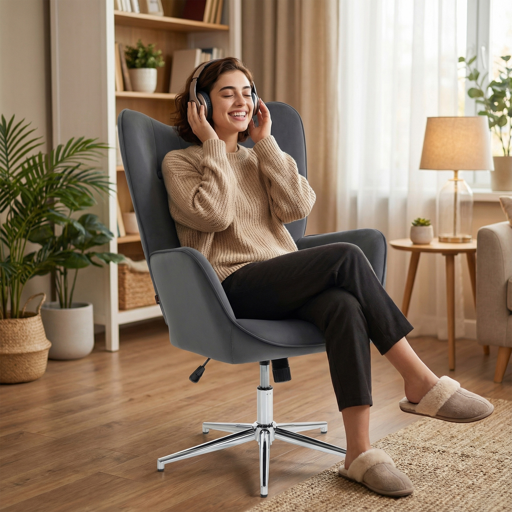  Fotoliu de Salon Rotativ cu Manere, din Catifea, cu Functie de Leganare si inaltime Reglabila, Gri inchis [8]