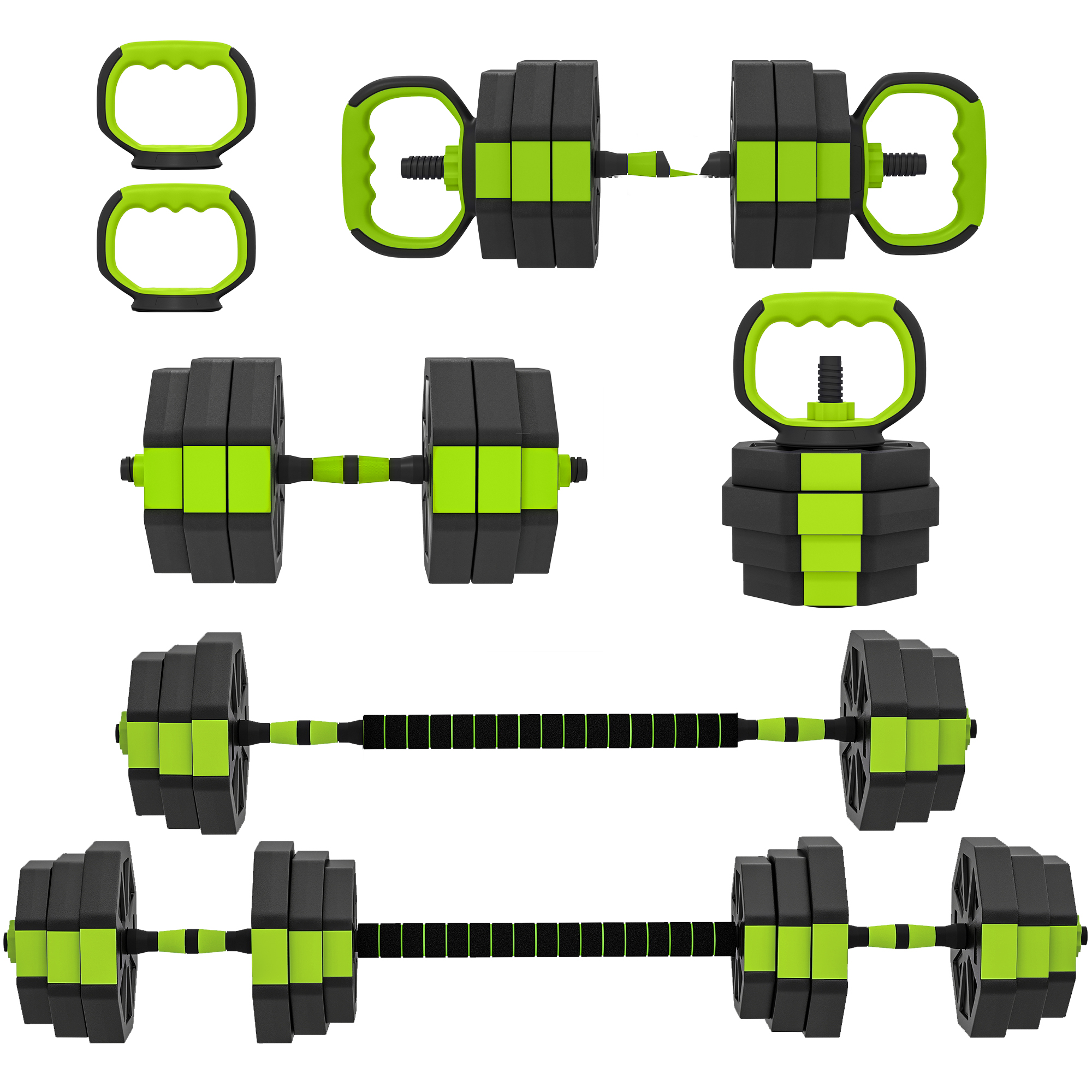 Soozier Set de Ganterele Reglabile 4-în-1, Utilizabil ca Kettlebell, Bară, Ganteră, Suport pentru Flotări, Set Greutăți de 25 kg pentru Bărbați și Femei, Verde | Aosom Romania