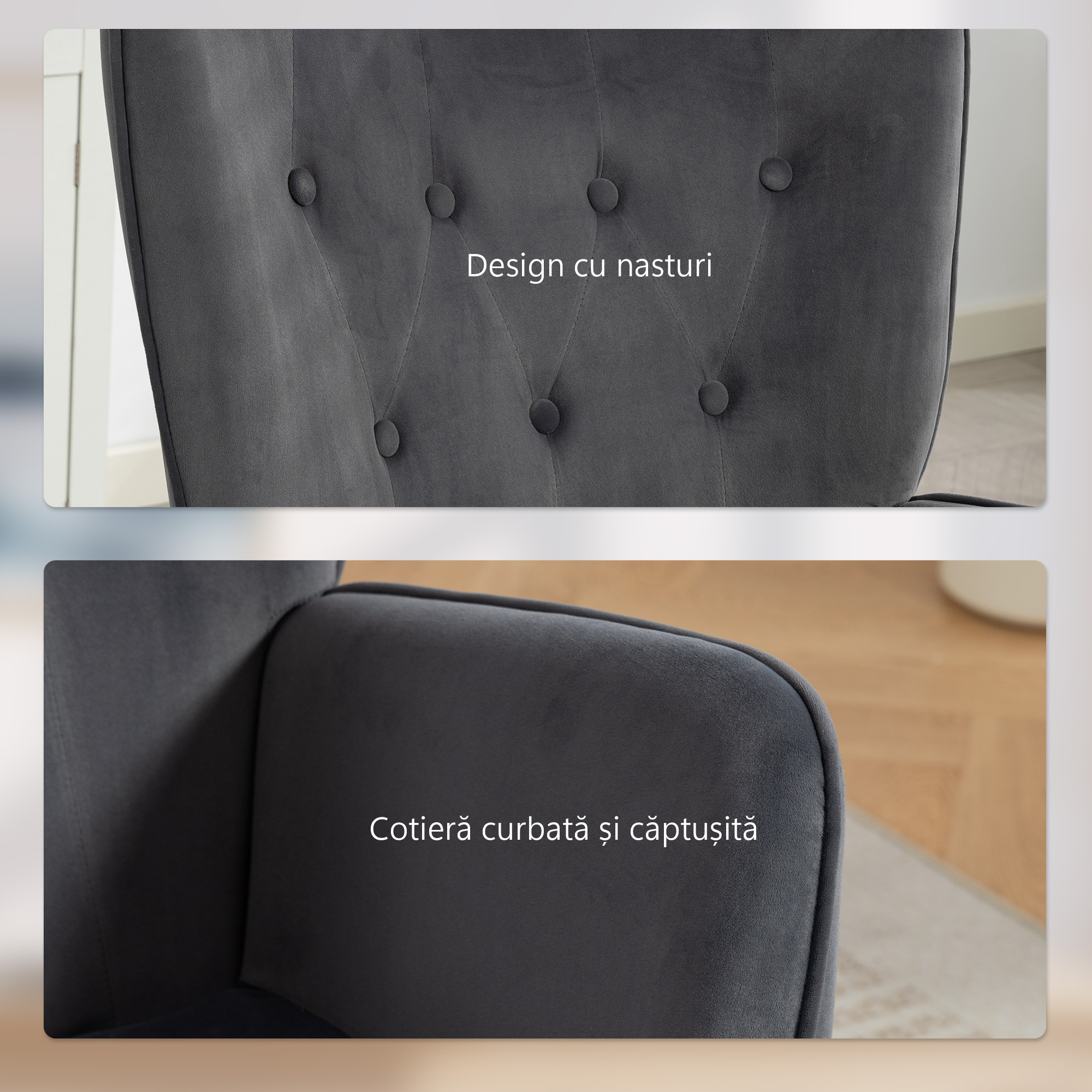  Fotoliu de Salon Rotativ cu Manere, din Catifea, cu Functie de Leganare si inaltime Reglabila, Gri inchis [4]