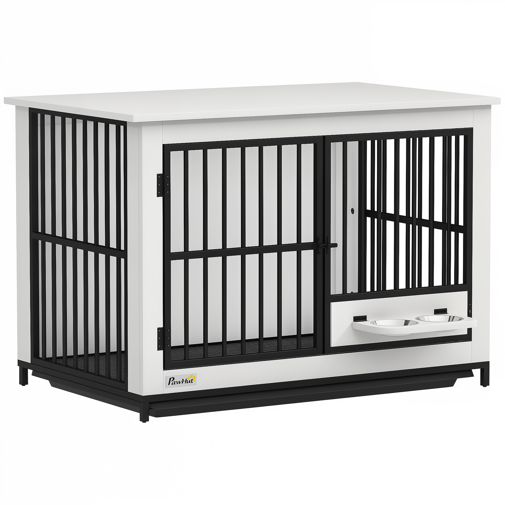 PawHut Cușcă mare pentru câini, acces ușor, închidere cu încuietoare, suport rotativ pentru boluri, pentru câini mici și mari, alb | Aosom Romania