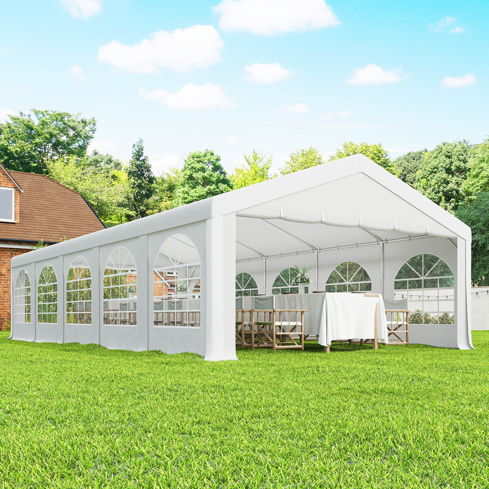  Pavilion pentru Petreceri 10x5 m cu 10 Pereti Laterali Detasabili, Pavilion de Gradina cu 5 Sectiuni, Usi cu Fermoar si Ferestre, Pavilion pentru Nunti, Evenimente, intalniri, UV30+, Alb [8]