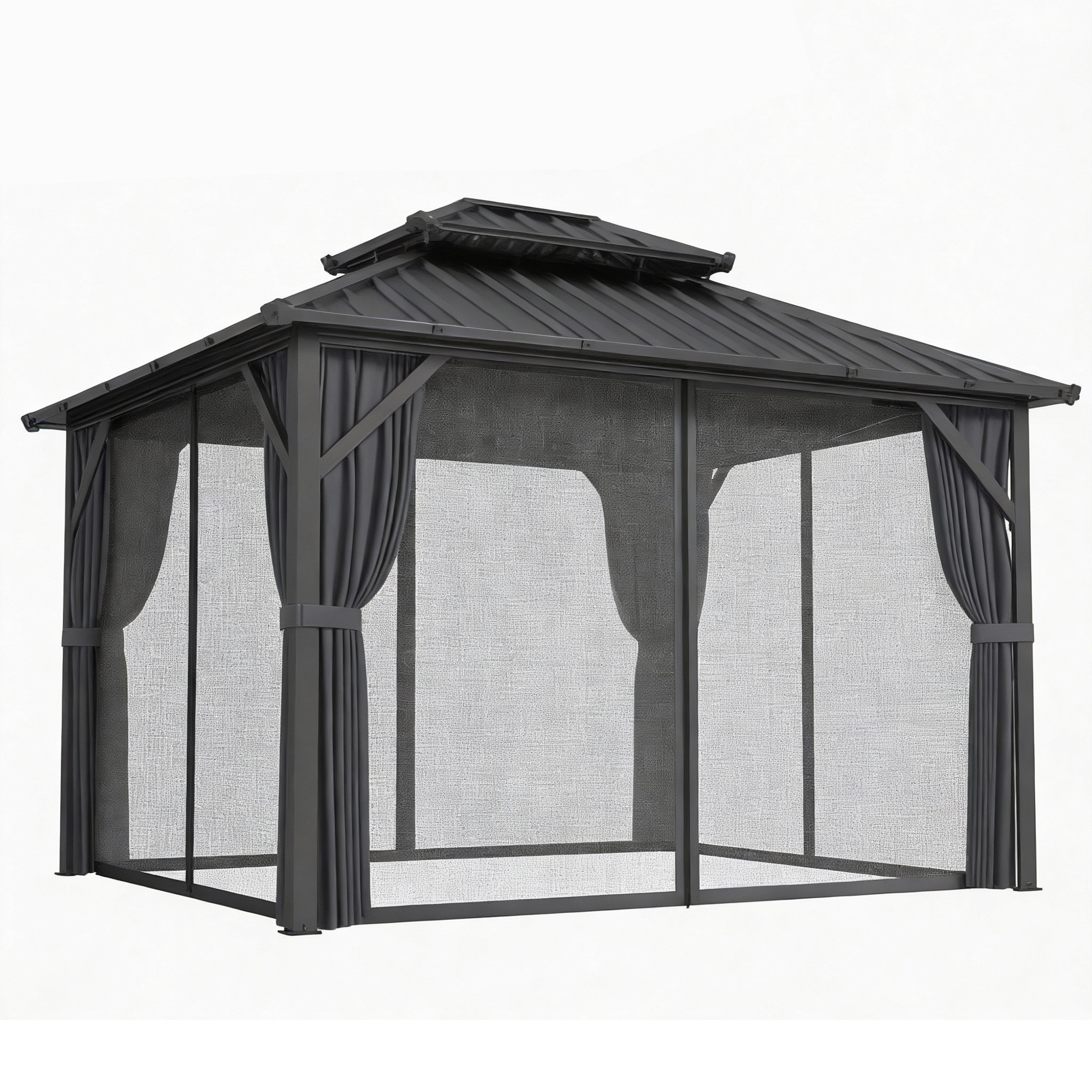 Outsunny Pavillon 3 x 3,6 m mit verzinktem Stahl-Hartdach, UPF50+ Schutz, Aluminiumgestell, Vorhänge und Moskitonetz, Deckenhaken, Dunkelgrau Aosom