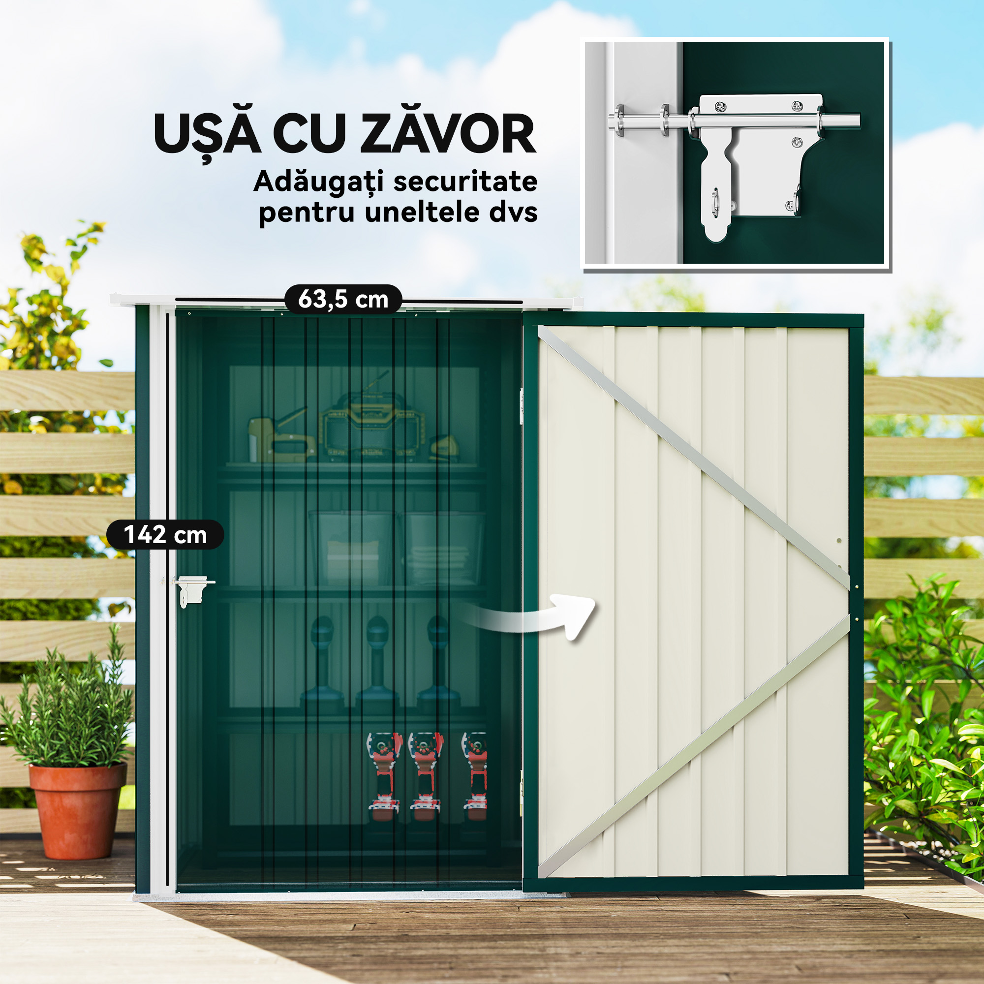  Magazie de Gradina 0,92m² din Otel Galvanizat, Depozit Unelte cu Usa Blocabila, Acoperis inclinat, 100x104x160 cm, Verde [4]