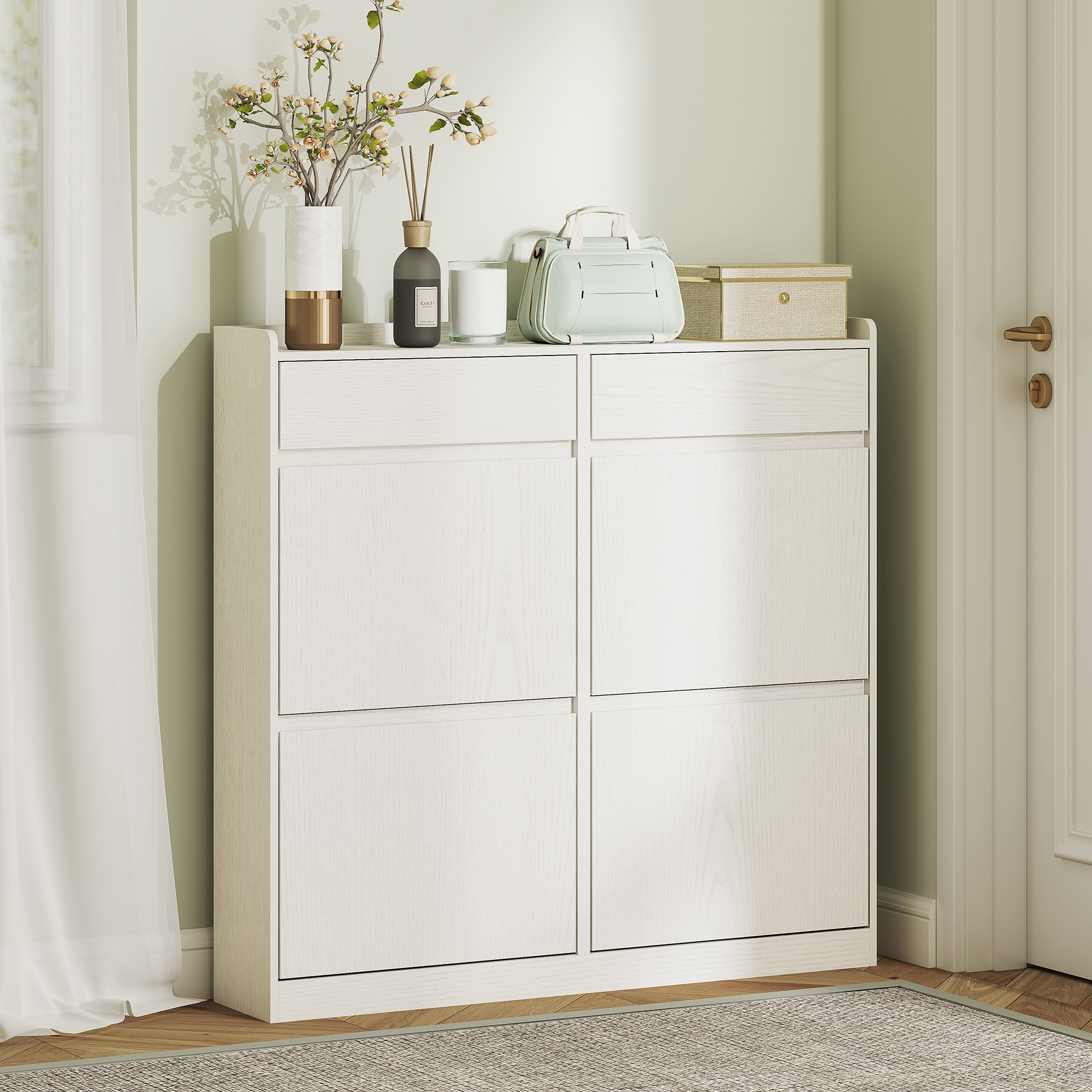  Dulap de Pantofi Slim din Lemn cu 4 Sertare Rabatabile si 2 Sertare Glisante, 98x19,2x95,3 cm, Alb [8]