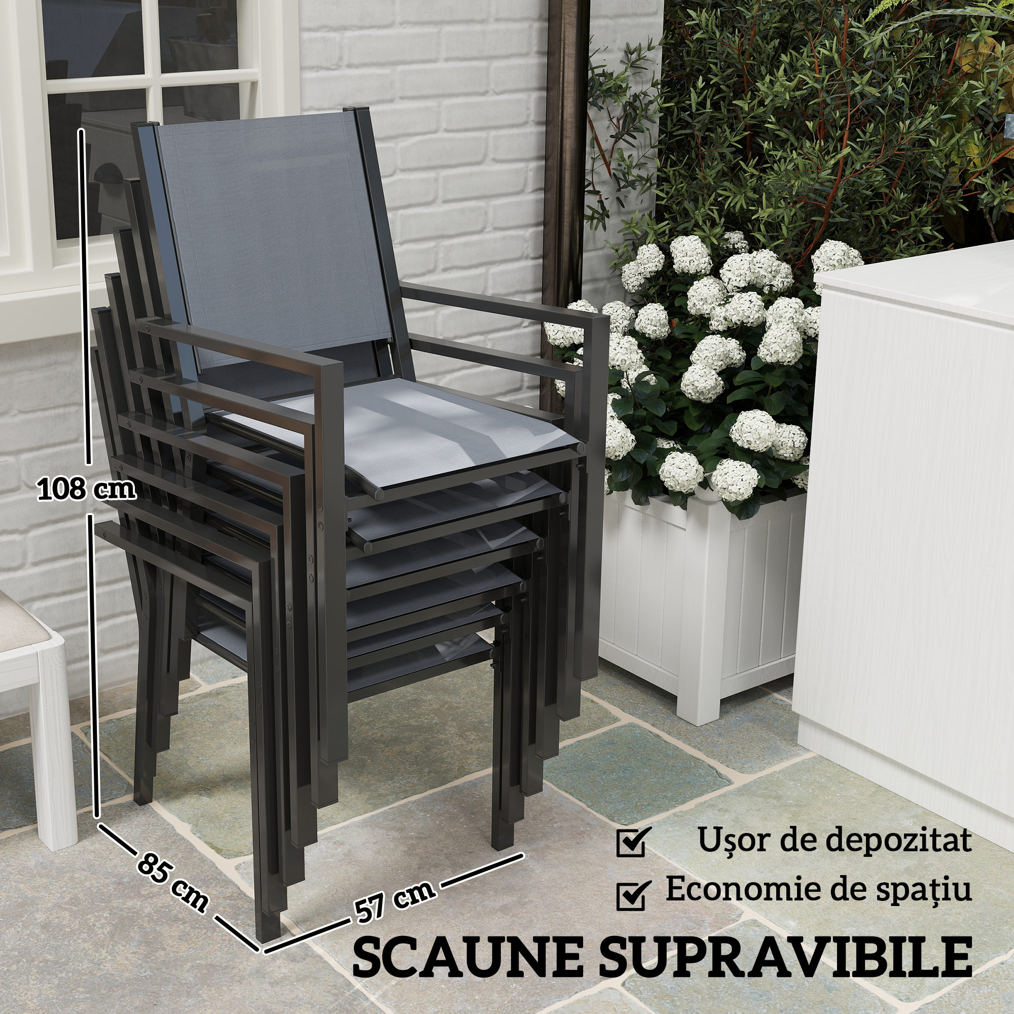  Set Masa de Gradina cu Scaune, 7 Piese, Set de Pranz cu Masa cu Blat din Lemn Compozit cu sipci si 6 Scaune de Exterior Stivuibile, Mobilier din Otel cu Texteline, Gri si Negru [3]