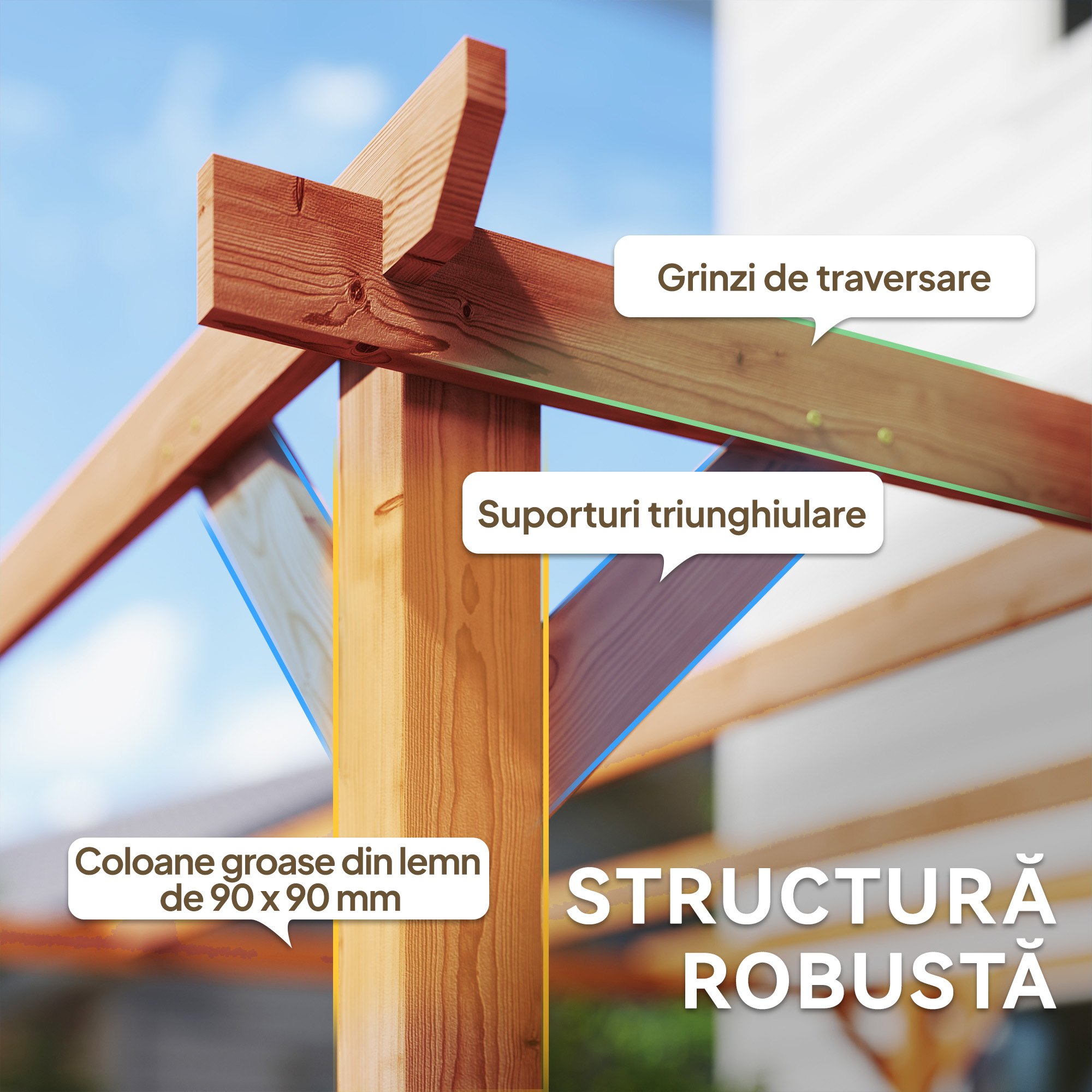  Pergola Gazebo 3x3 m din Lemn de Brad, Pergola pentru Gradina cu Suporturi Triunghiulare si 5 Grinzi pentru Plante Cataratoare, Pergola din Lemn pentru Exterior, Patio, Terasa, Aspect Lemn de Artar [3]