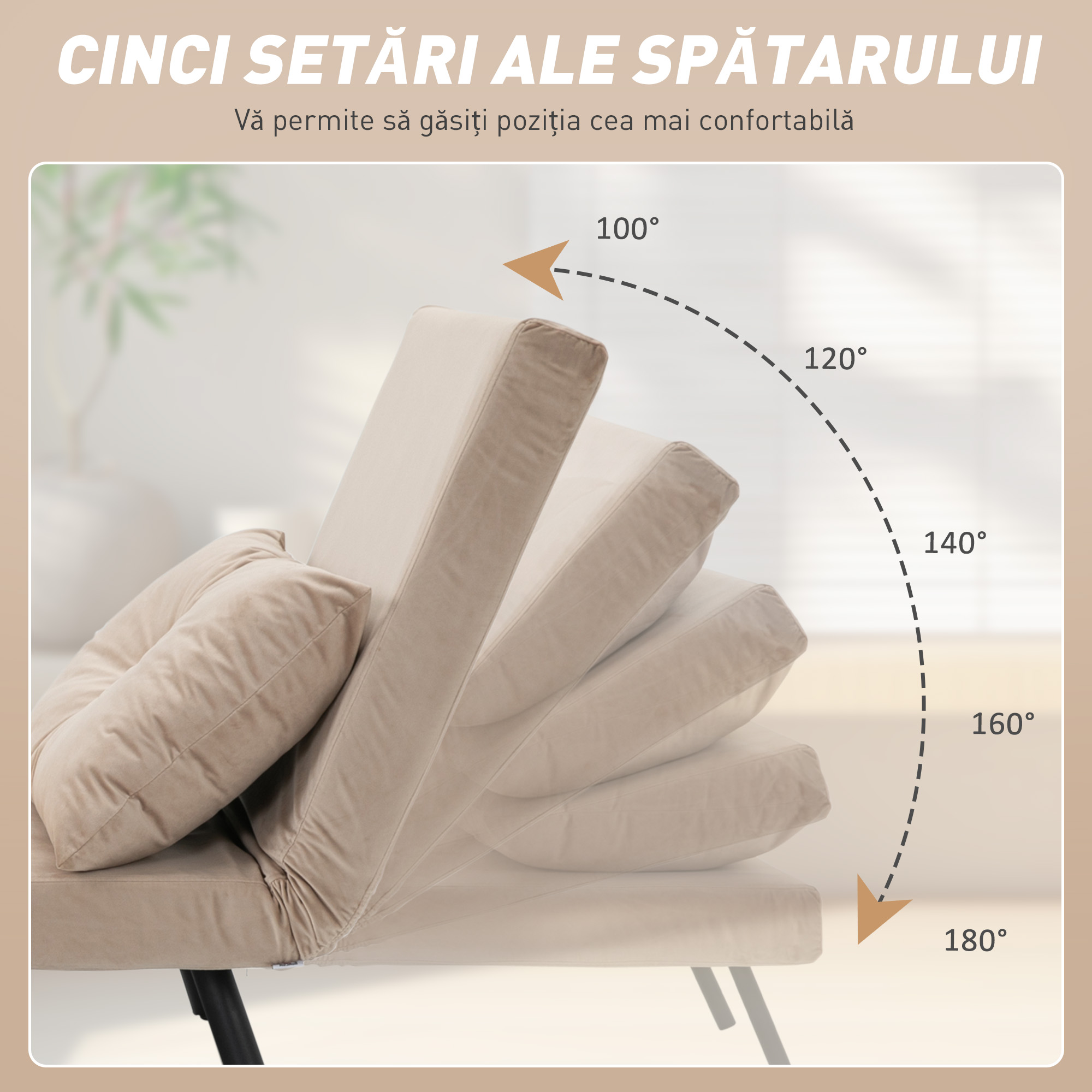  Fotoliu Pat 3 in 1 cu Spatar Reglabil si Perna, din Material cu Aspect Catifelat, 63x73x81 cm, Bej [4]
