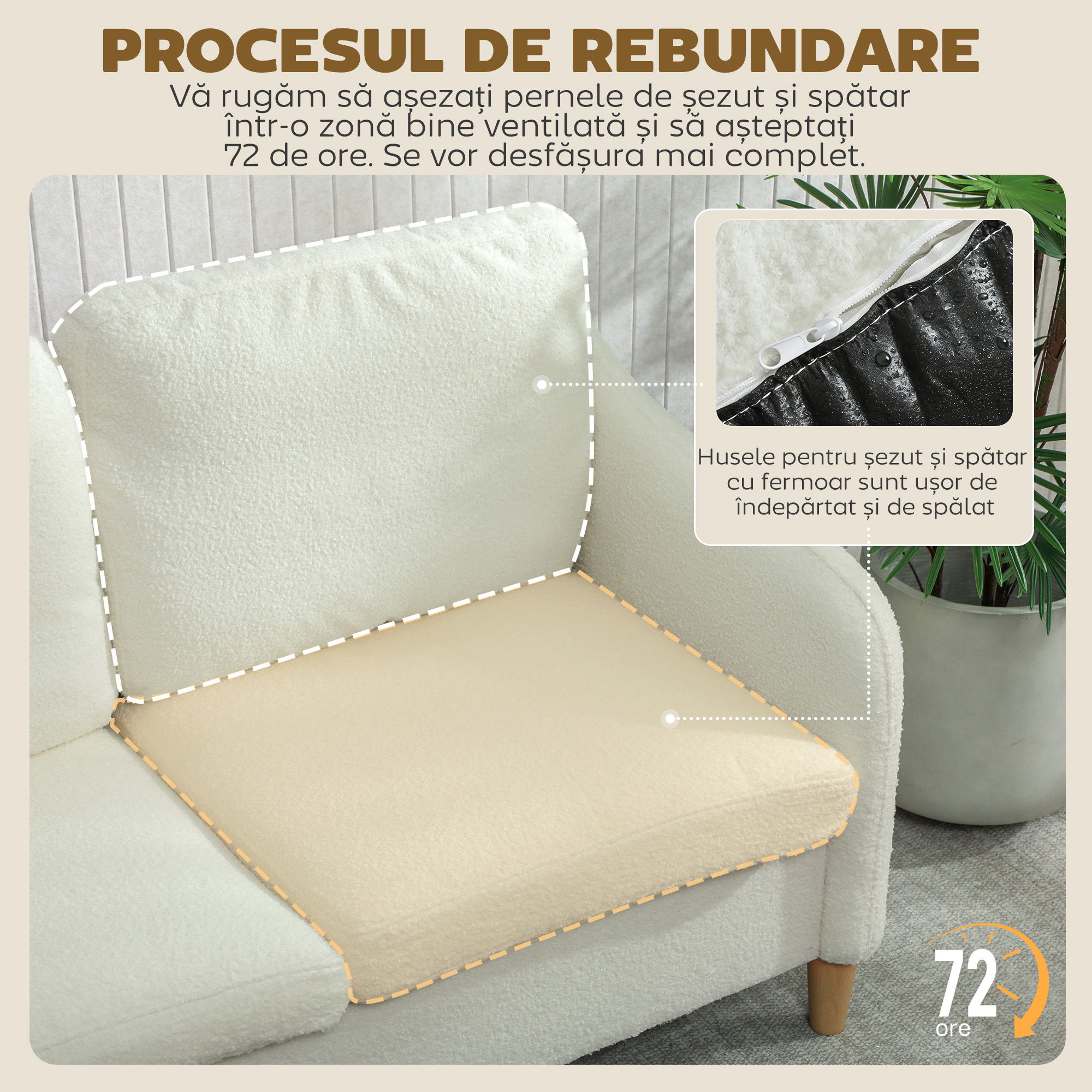  Canapea 2 locuri moderna cu perne groase si tapiterie sherpa, 137x69x82 cm, crem [5]