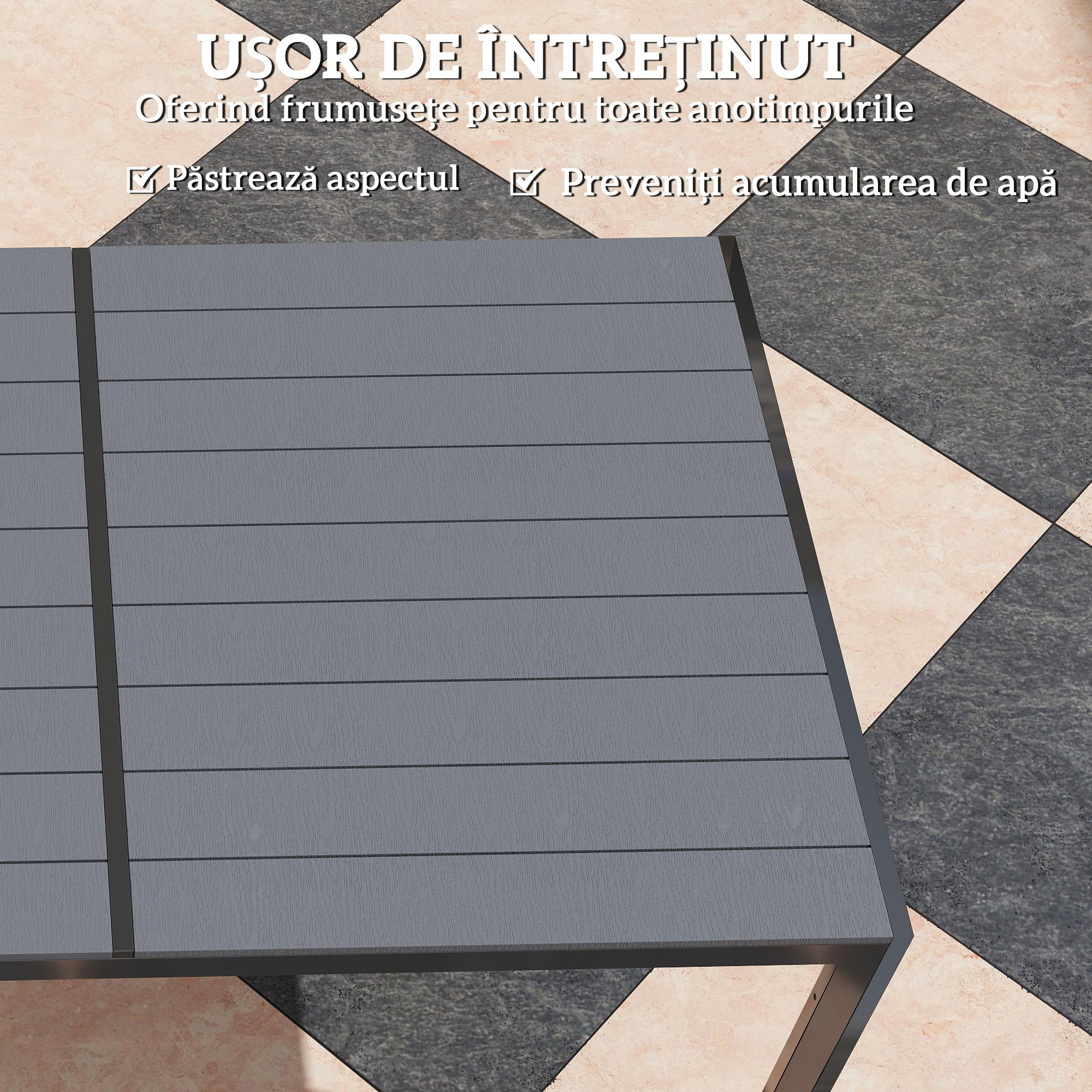  Set Masa de Gradina cu Scaune, 7 Piese, Set de Pranz cu Masa cu Blat din Lemn Compozit cu sipci si 6 Scaune de Exterior Stivuibile, Mobilier din Otel cu Texteline, Gri si Negru [6]