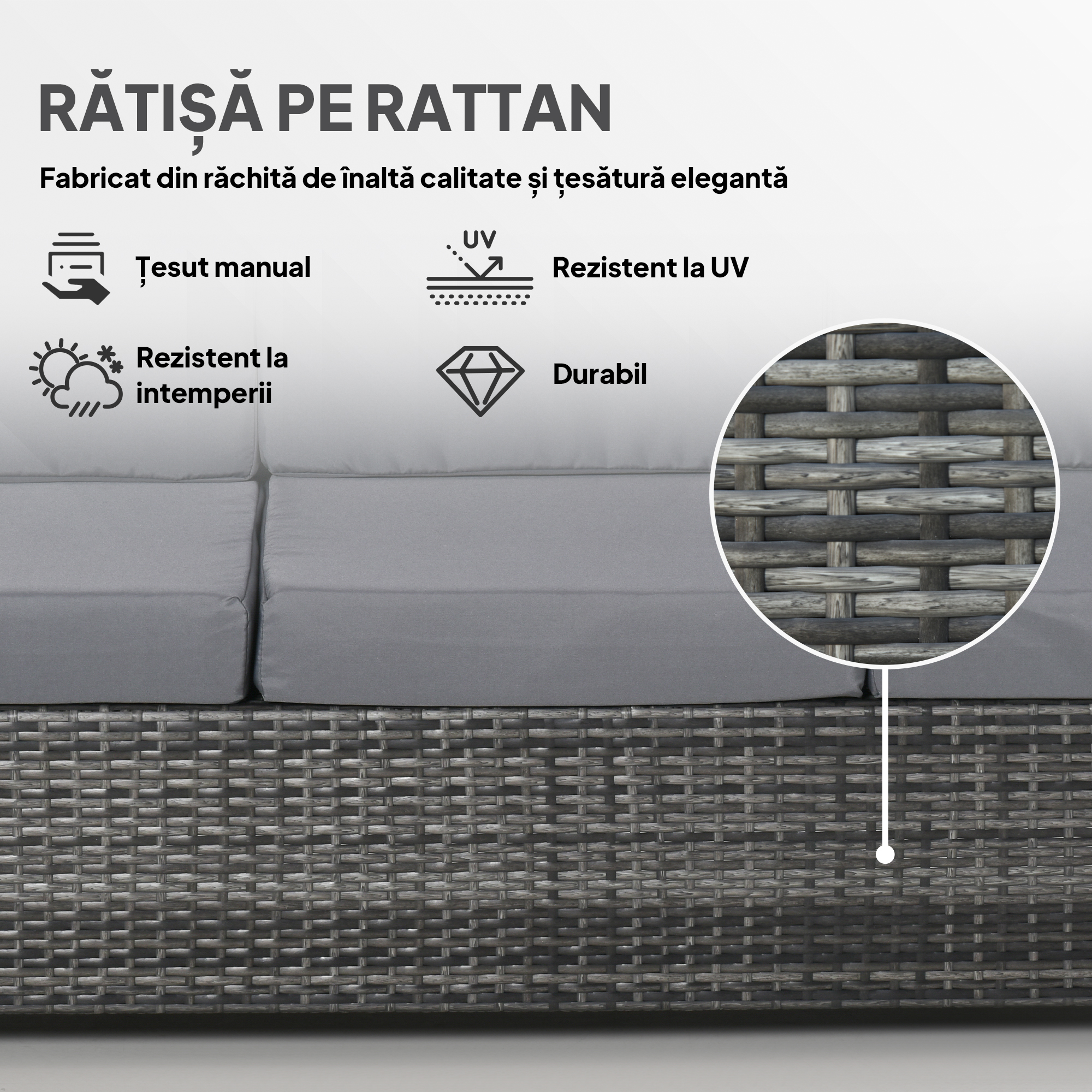  Canapea pentru Exterior cu 3 Locuri din Ratan PE, Canapea cu Perne Tapitate si Huse Detasabile, Cadru Metalic pentru Gradina, Terasa si Balcon, 185x70x80 cm, Gri [3]