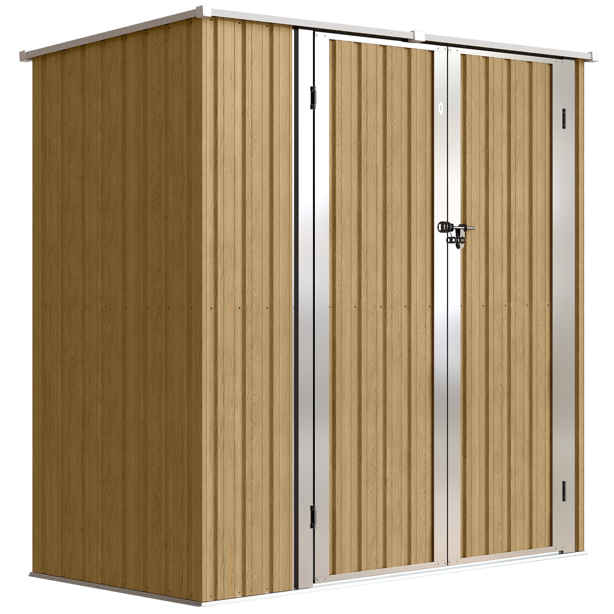 Outsunny Cobertizo de Jardín Exterior Metálico 1,37 m² 163x89x163 cm con Techo Inclinado, Puertas con Pestillo y Guantes Marrón