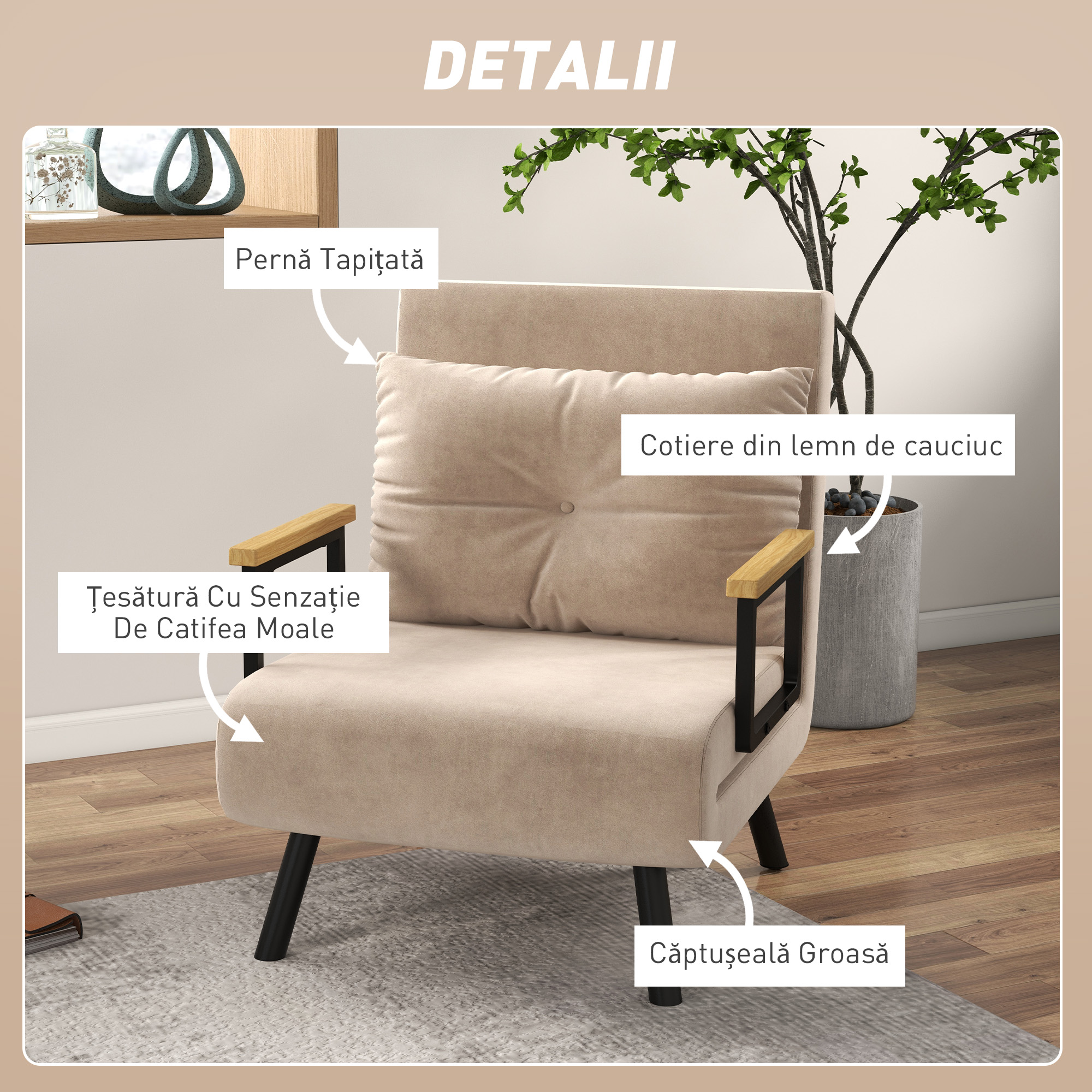  Fotoliu Pat 3 in 1 cu Spatar Reglabil si Perna, din Material cu Aspect Catifelat, 63x73x81 cm, Bej [5]