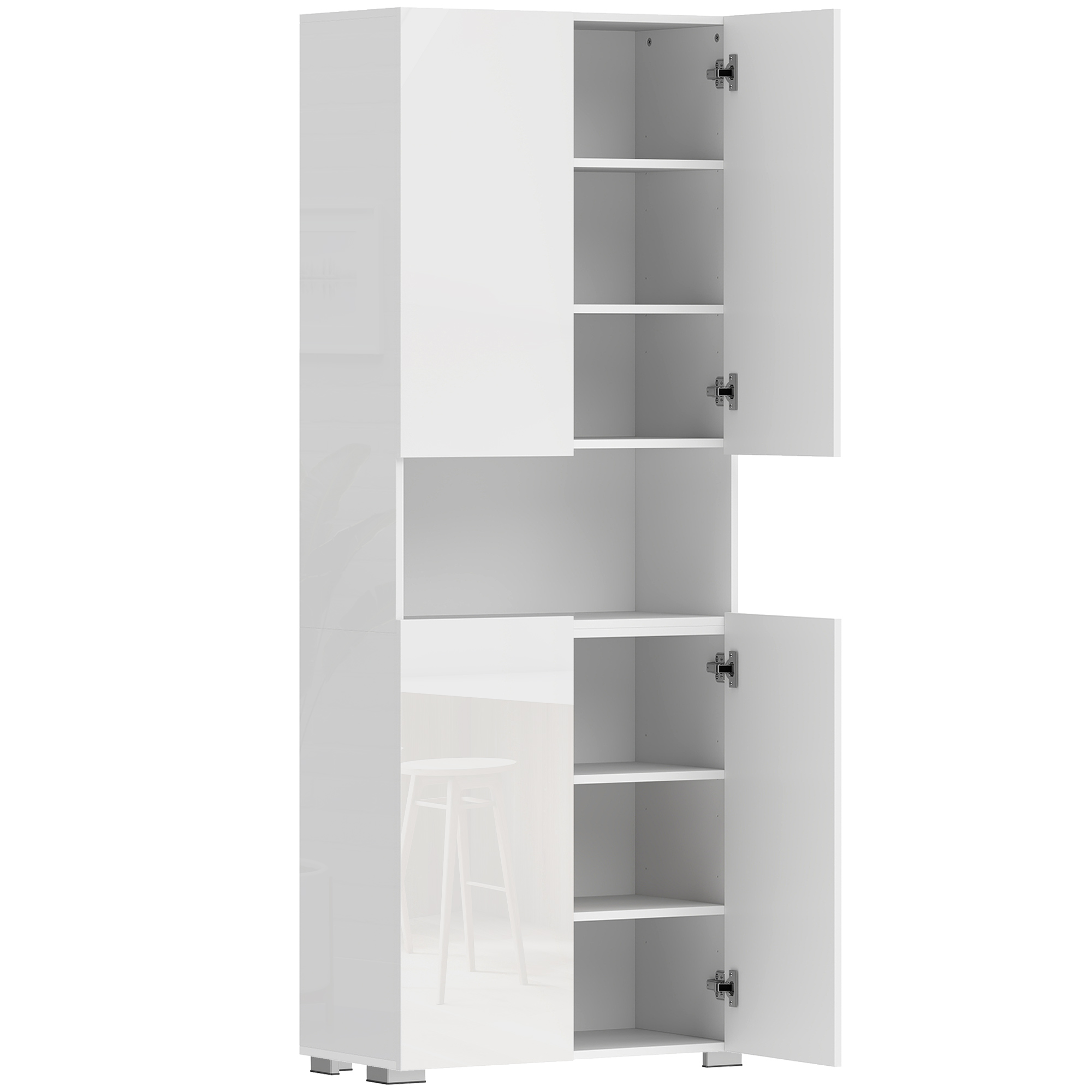HOMCOM Dulap Bucătărie Înalt 180cm, Mobilier Depozitare cu Uși Soft-Close, Raft Deschis, 2 Dulapuri, Rafturi Ajustabile, Stil Modern pentru Sufragerie sau Bucătărie, Alb Lucios | Aosom Romania