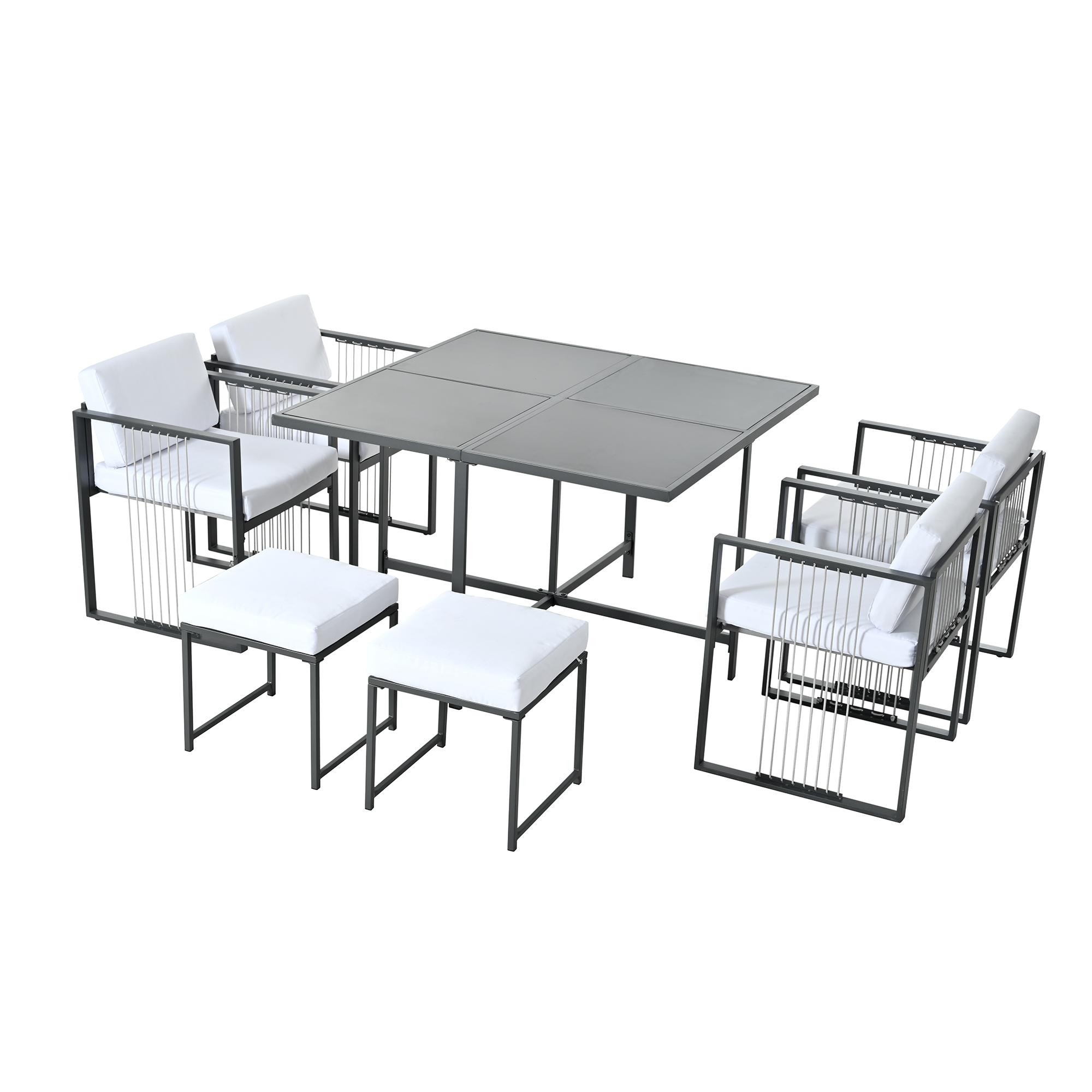 7-teiliges Garten-Essset für 6 Personen, Tisch aus gehärtetem Glas, 4 geflo günstig online kaufen