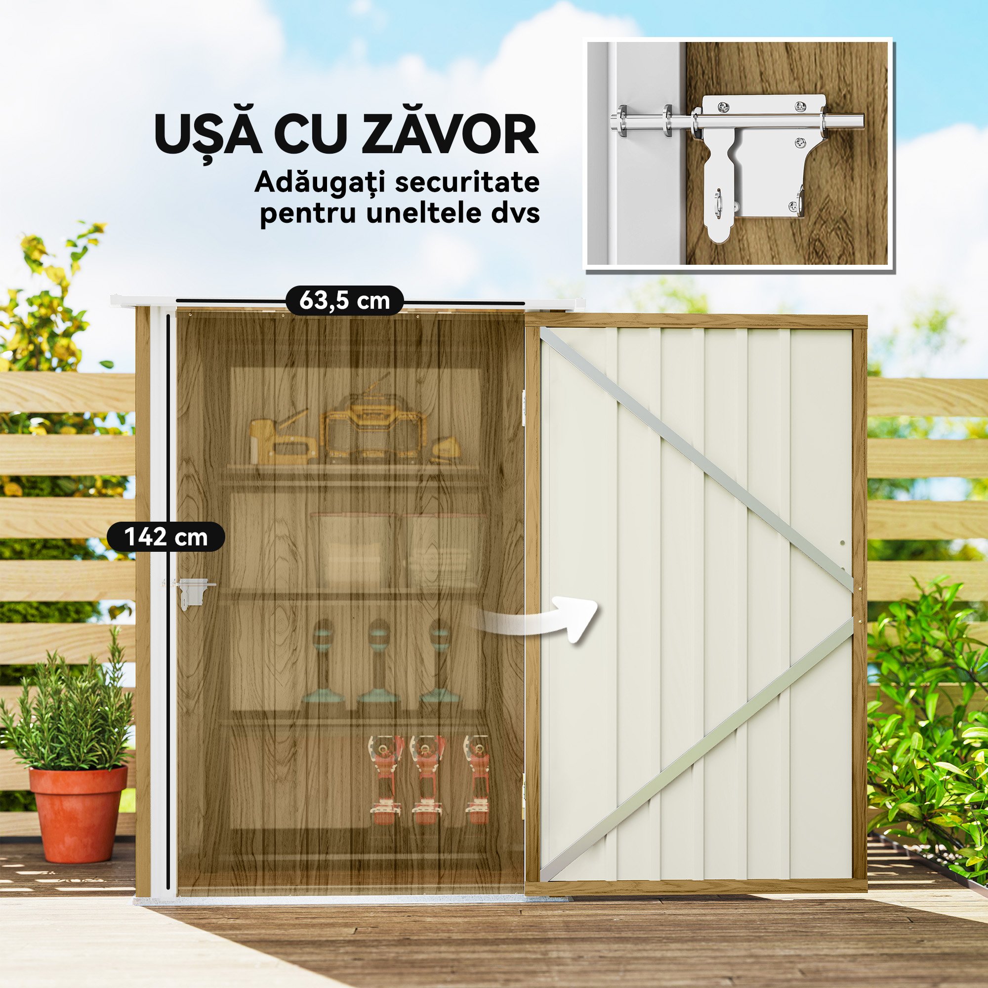  Casuta de Gradina 0.92m² din Otel Galvanizat, Depozit pentru Unelte cu Usa Blocabila, Acoperis inclinat, 100x104x160 cm, Maro Deschis cu Aspect Lemn [4]