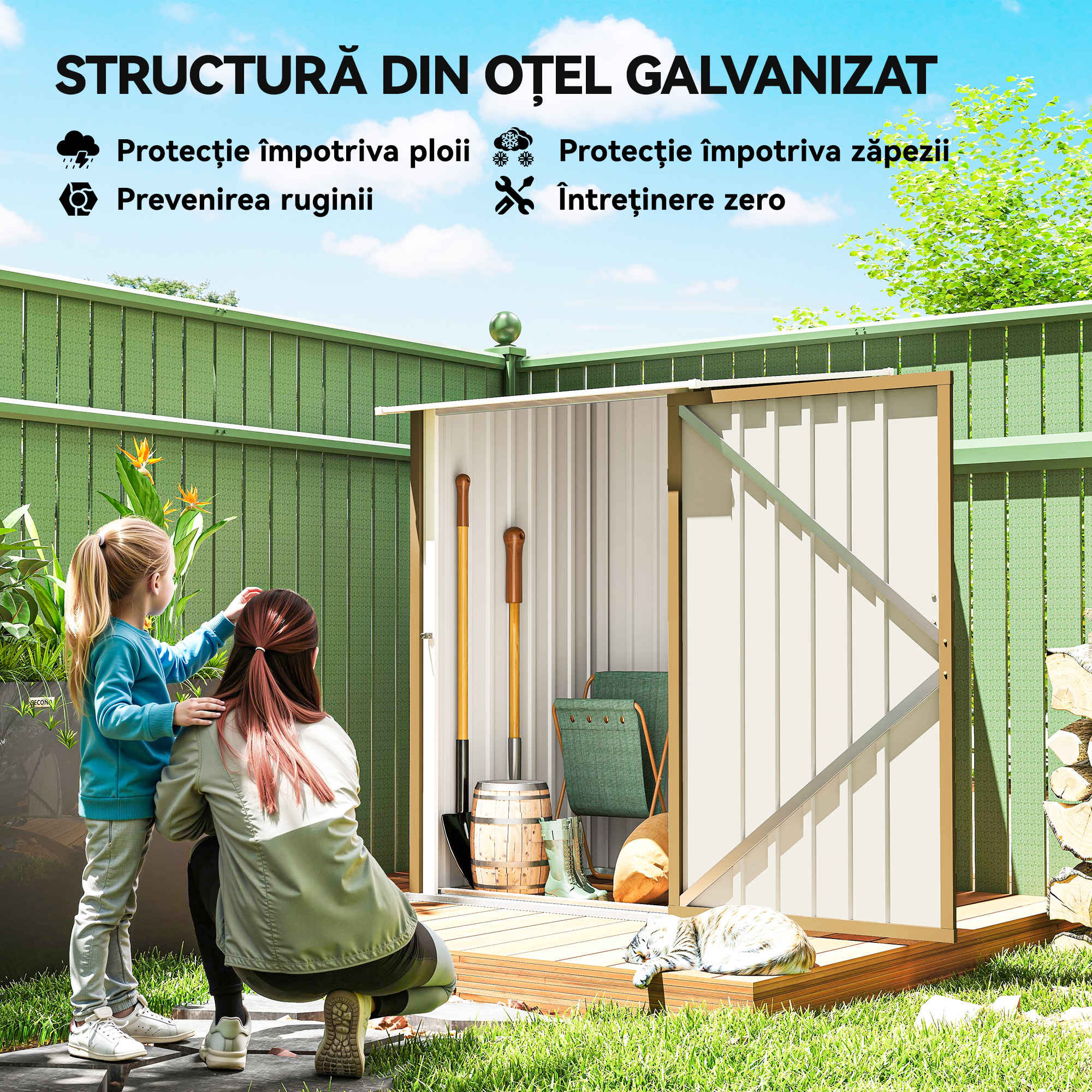  sopron de Gradina 0.92m² din Otel Galvanizat, Depozit pentru Unelte cu Usa cu Sistem de Blocare, Acoperis inclinat, 100x104x160 cm, Galben [3]