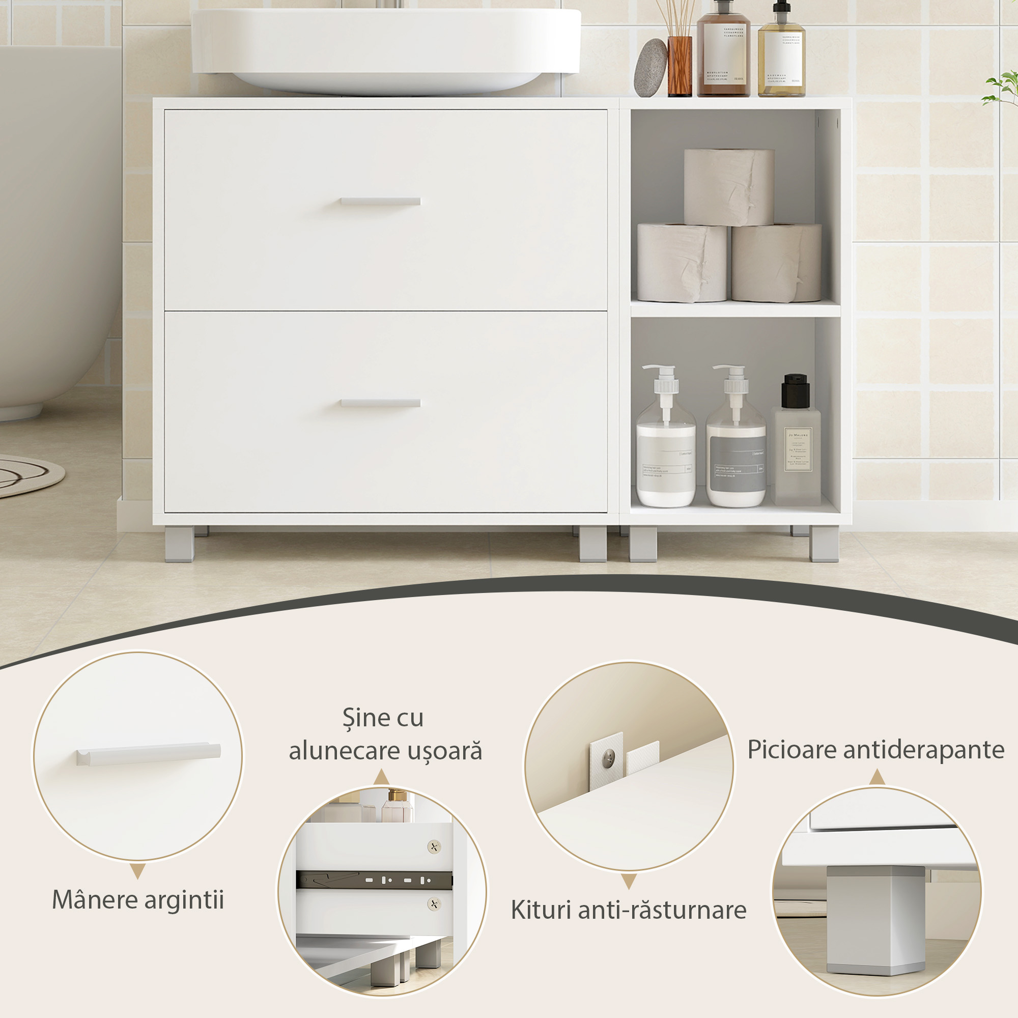  Dulap pentru baia de sub chiuveta, cu 2 sertare si rafturi deschise, din lemn, 90x30x60 cm, alb [5]