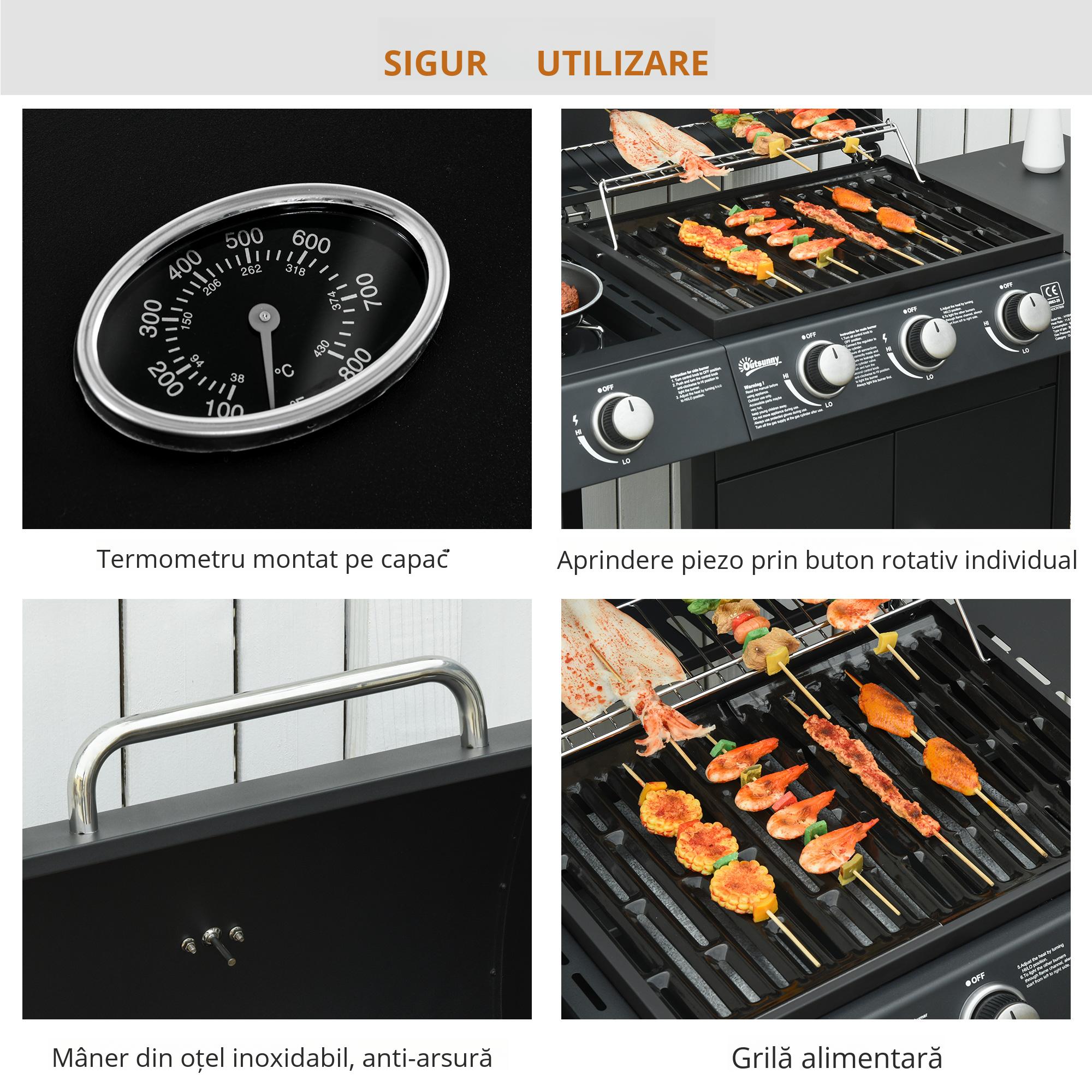  Gratar pe gaz cu Capac si Termometru, Raft si 2 Roti, 110x50x100cm Negru [6]