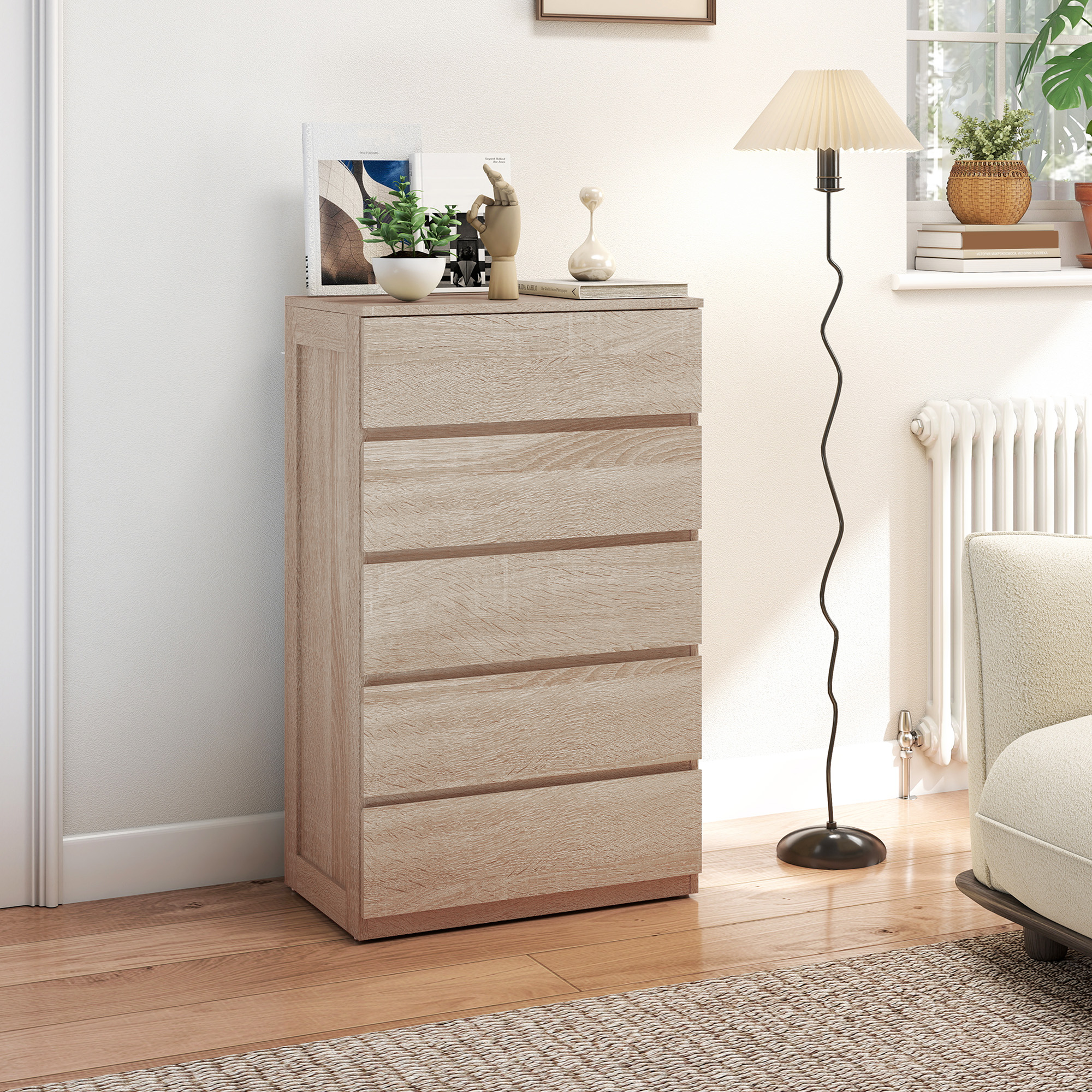  Comoda cu 5 Sertare din Lemn cu Ghidaje Metalice si Manere Canelate, 60x39x100 cm, Lemn Natural [1]