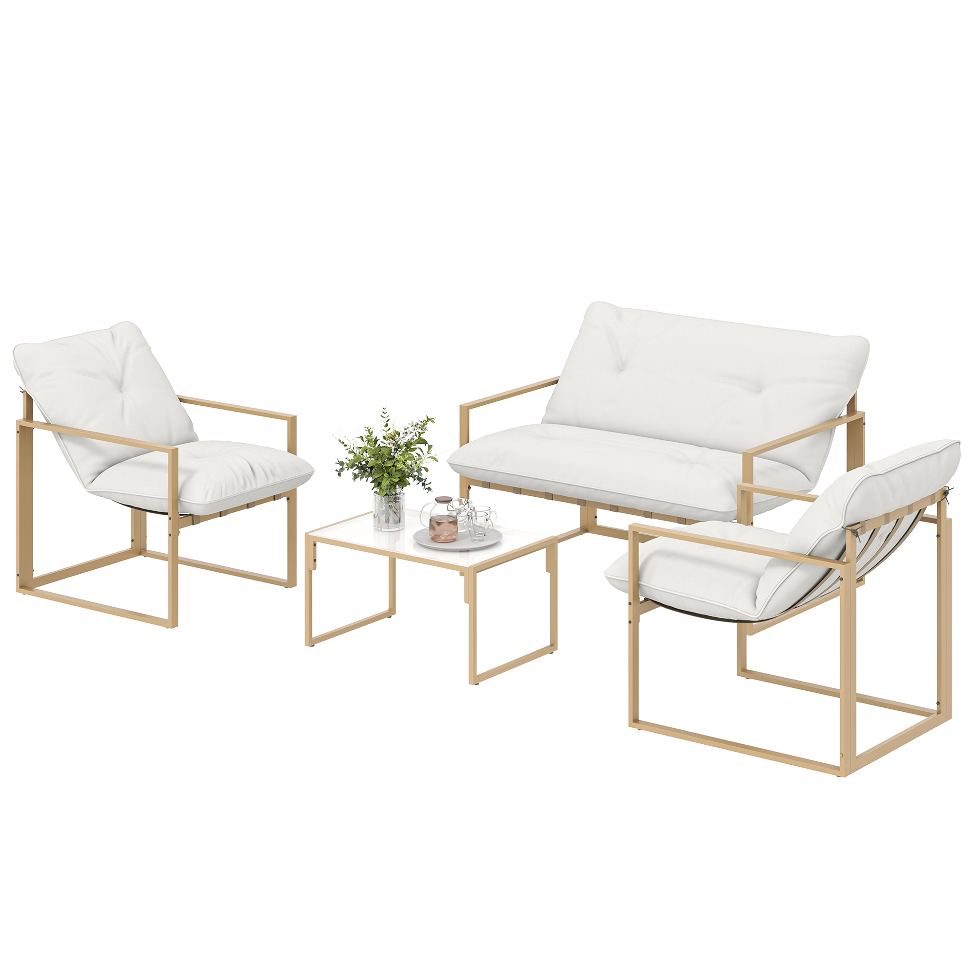 Outsunny Salon de jardin extérieur 4 pièces avec coussins ultra-épais 15cm canapé 2 places avec table basse et 2 fauteuils kaki